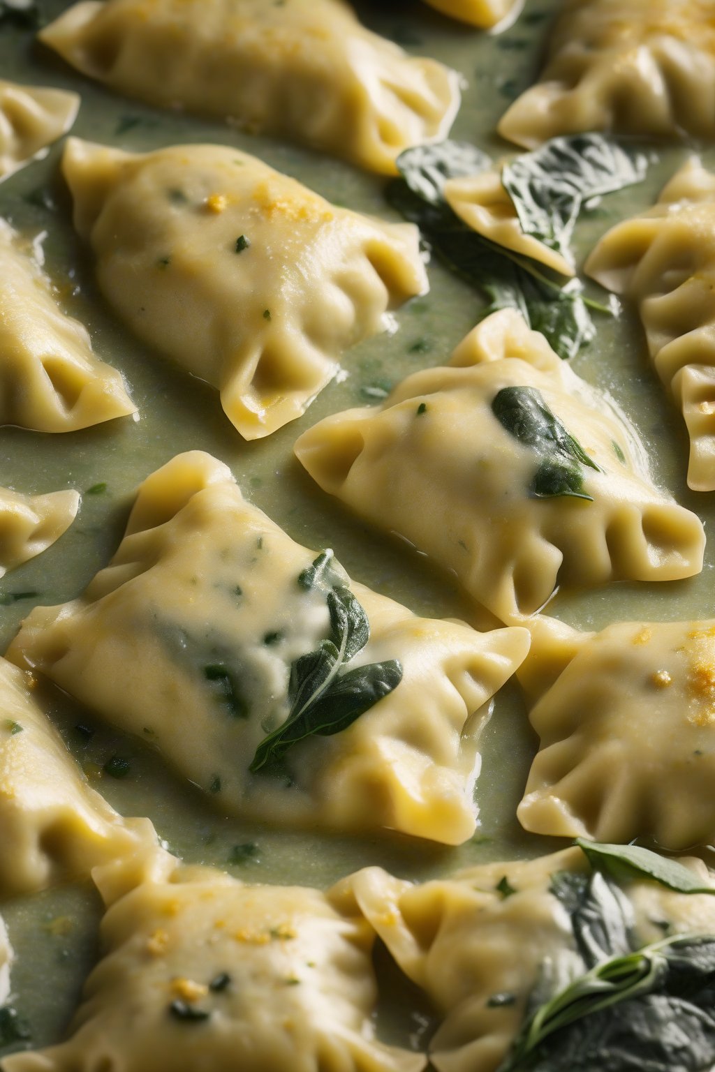 A high-resolution photo of golden ricotta and spinach stuffed ravioli glistening with sage butter under soft lighting.