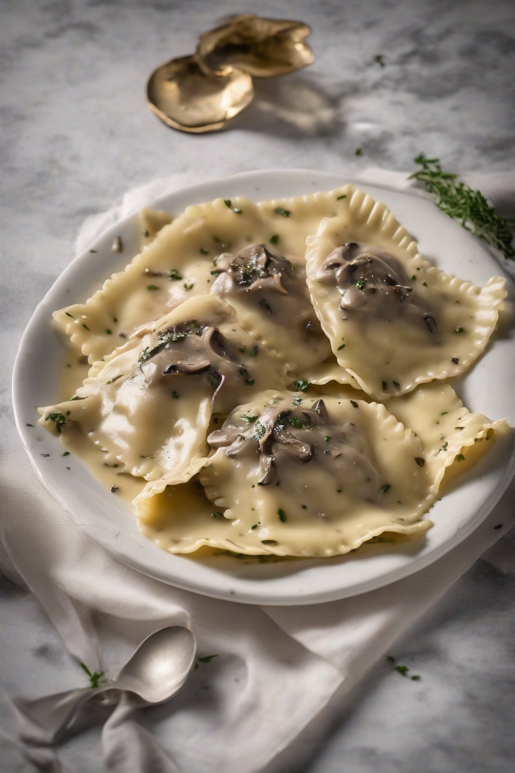 A high-resolution photo of porcini mushroom ravioli drizzled in creamy truffle sauce under soft lighting.