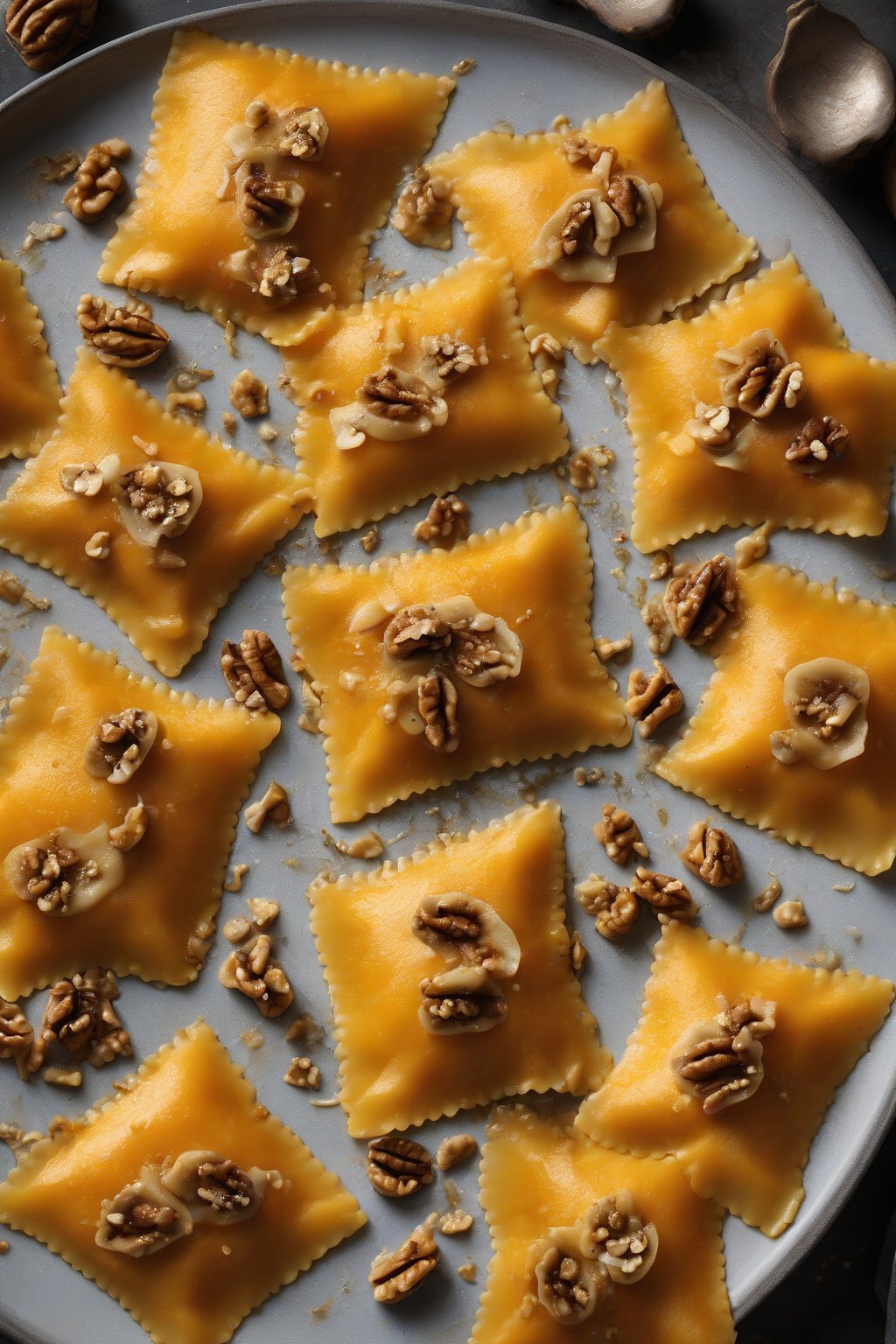 A high-resolution photo of vibrant orange butternut squash ravioli topped with browned butter and walnuts under soft lighting.