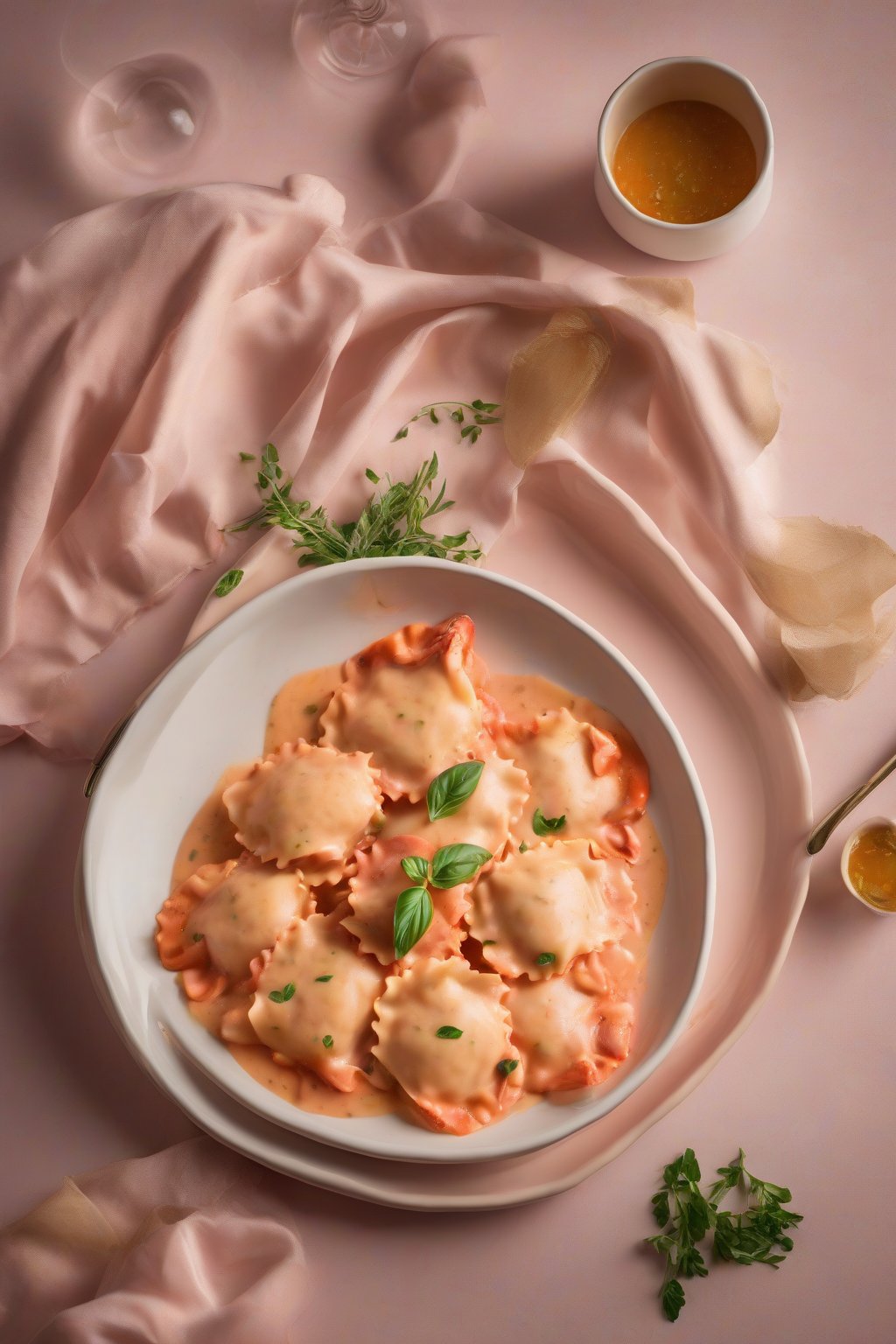 A high-resolution photo of elegant lobster ravioli in pink tomato cream sauce under soft lighting.