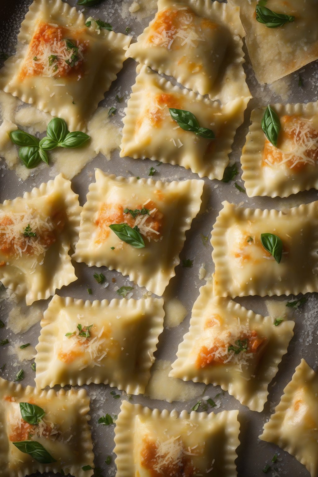 A high-resolution photo of rustic Bolognese stuffed ravioli sprinkled with fresh Parmesan under soft lighting.