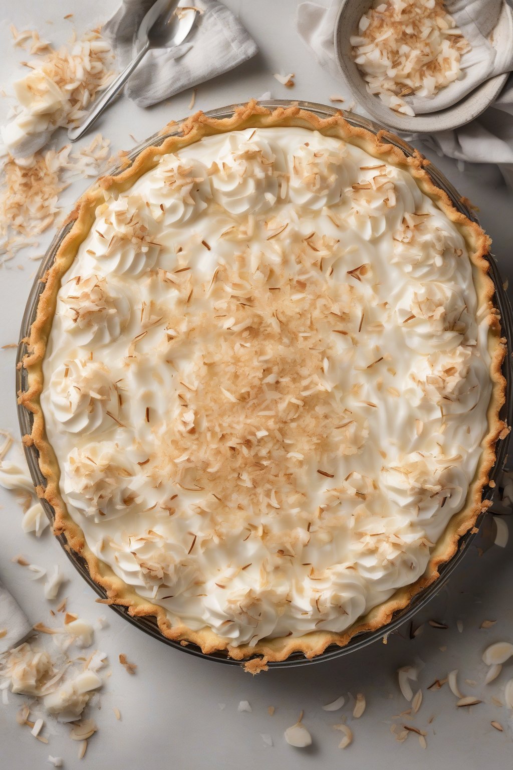 A high-resolution photo of coconut banana cream pie topped with toasted coconut flakes, under soft lighting.