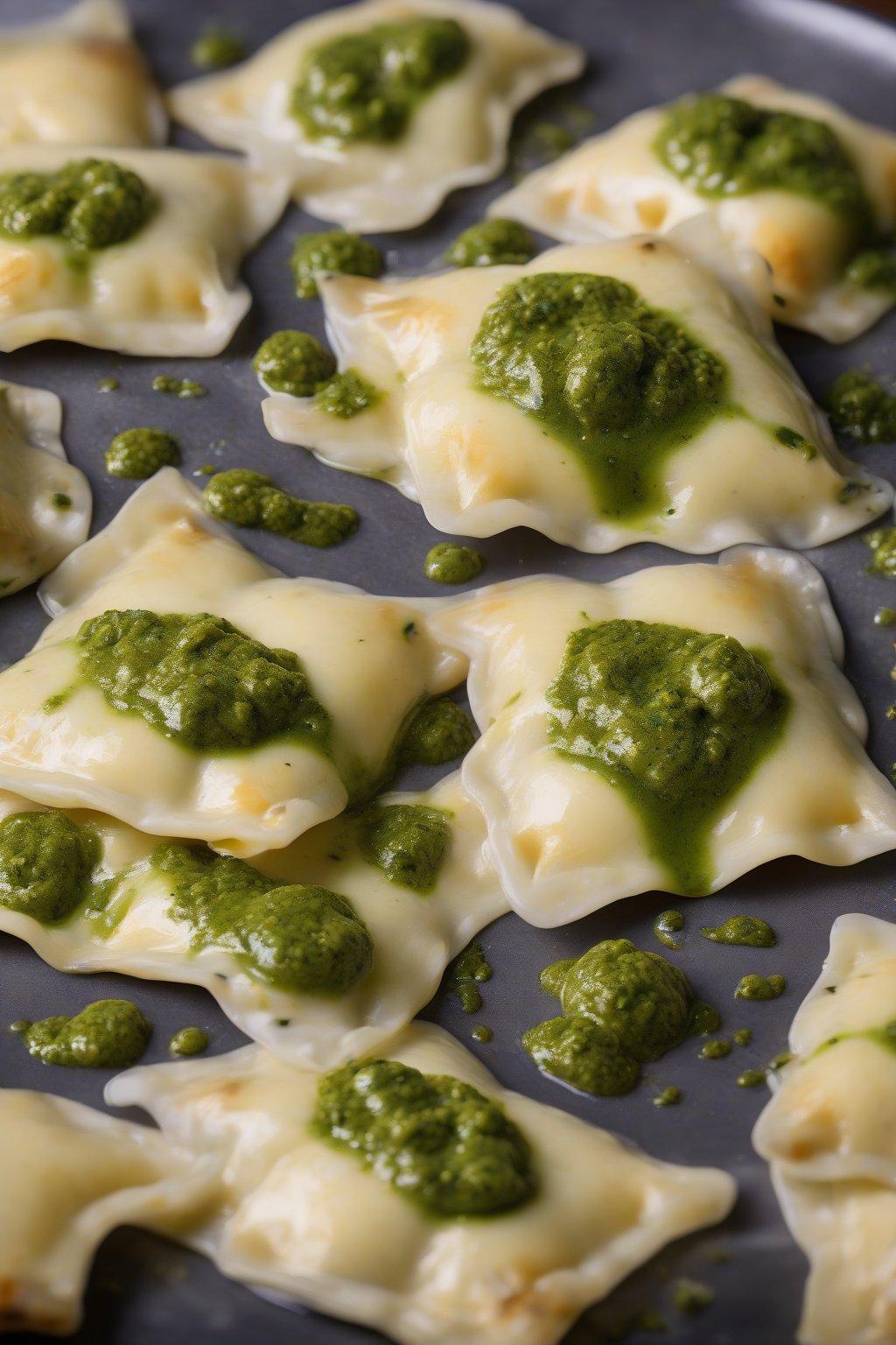 A high-resolution photo of gooey four cheese ravioli with vibrant green pesto under soft lighting.