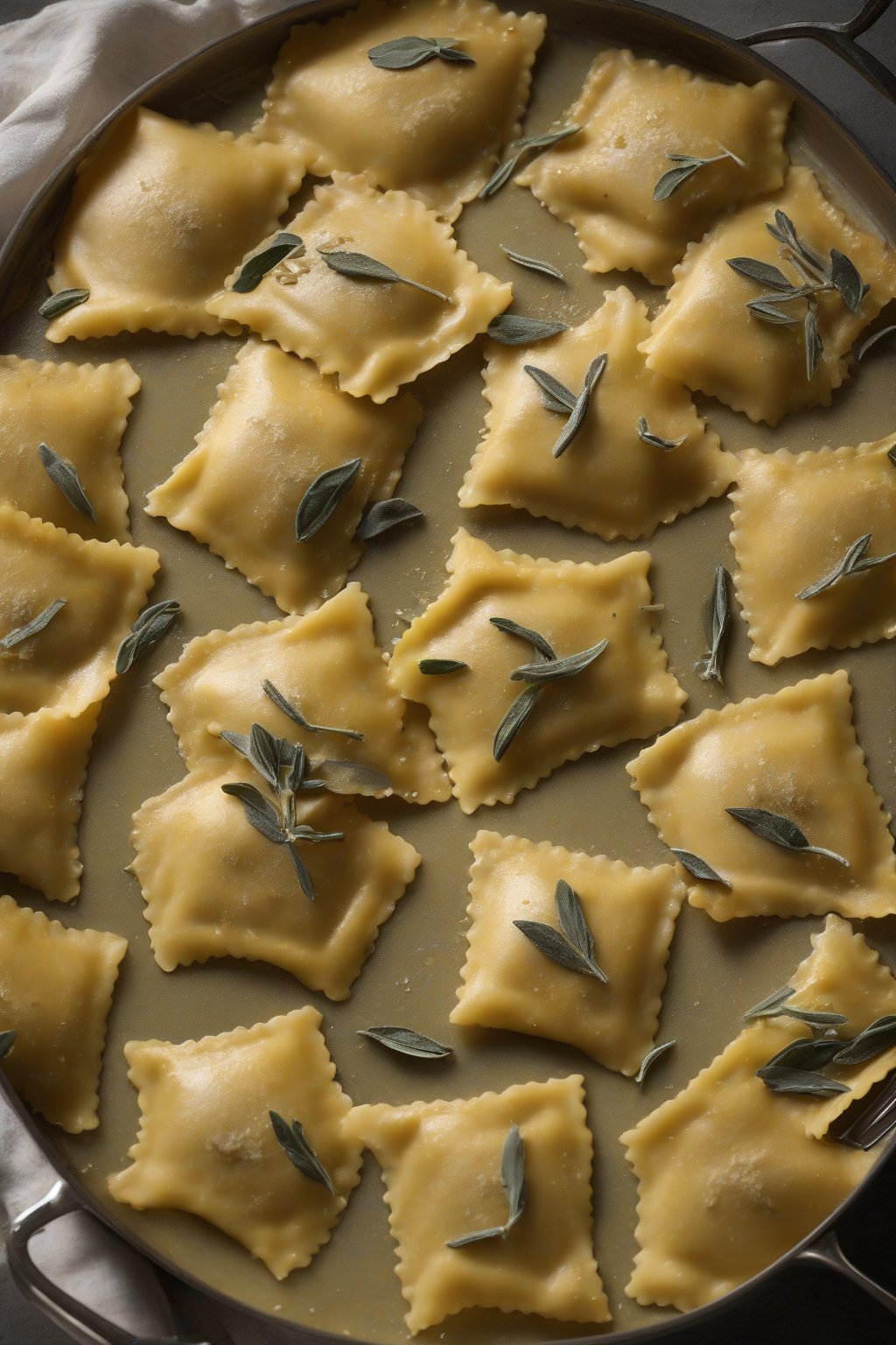 A high-resolution photo of pumpkin sage ravioli shining with golden brown butter under soft lighting.