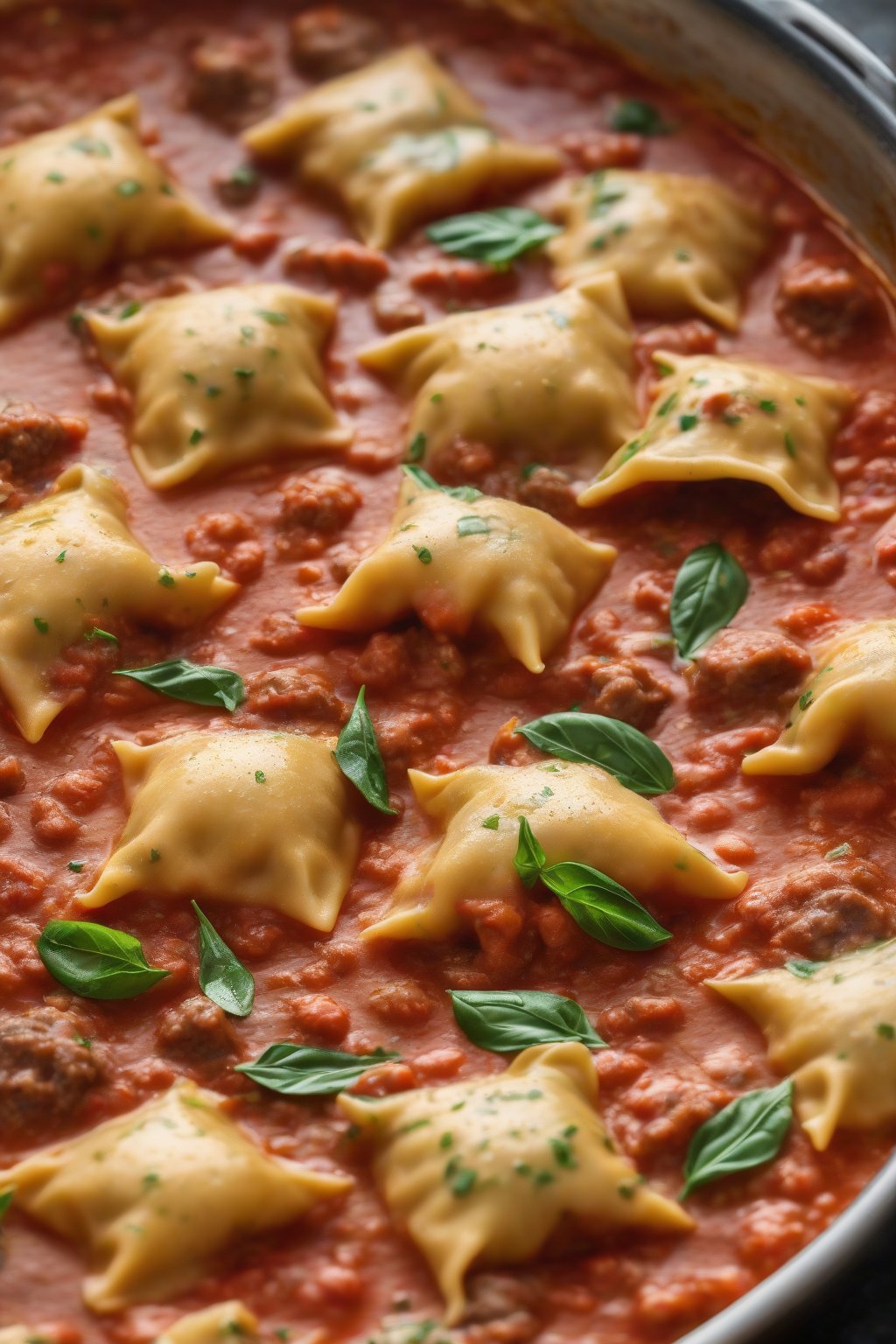 A high-resolution photo of Italian sausage ravioli bubbling in rich marinara under soft lighting.