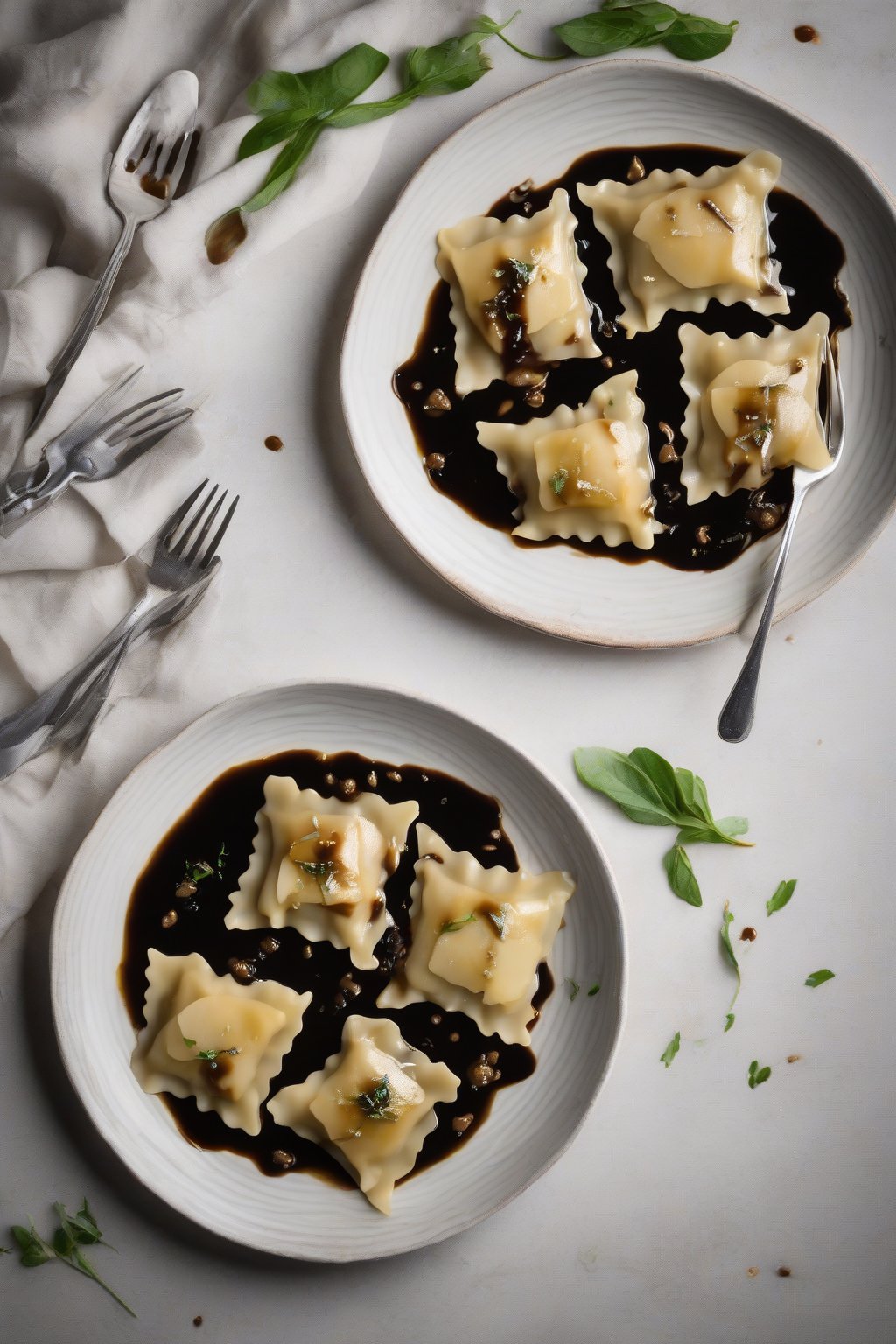 A high-resolution photo of pear and gorgonzola ravioli with balsamic glaze under soft lighting.