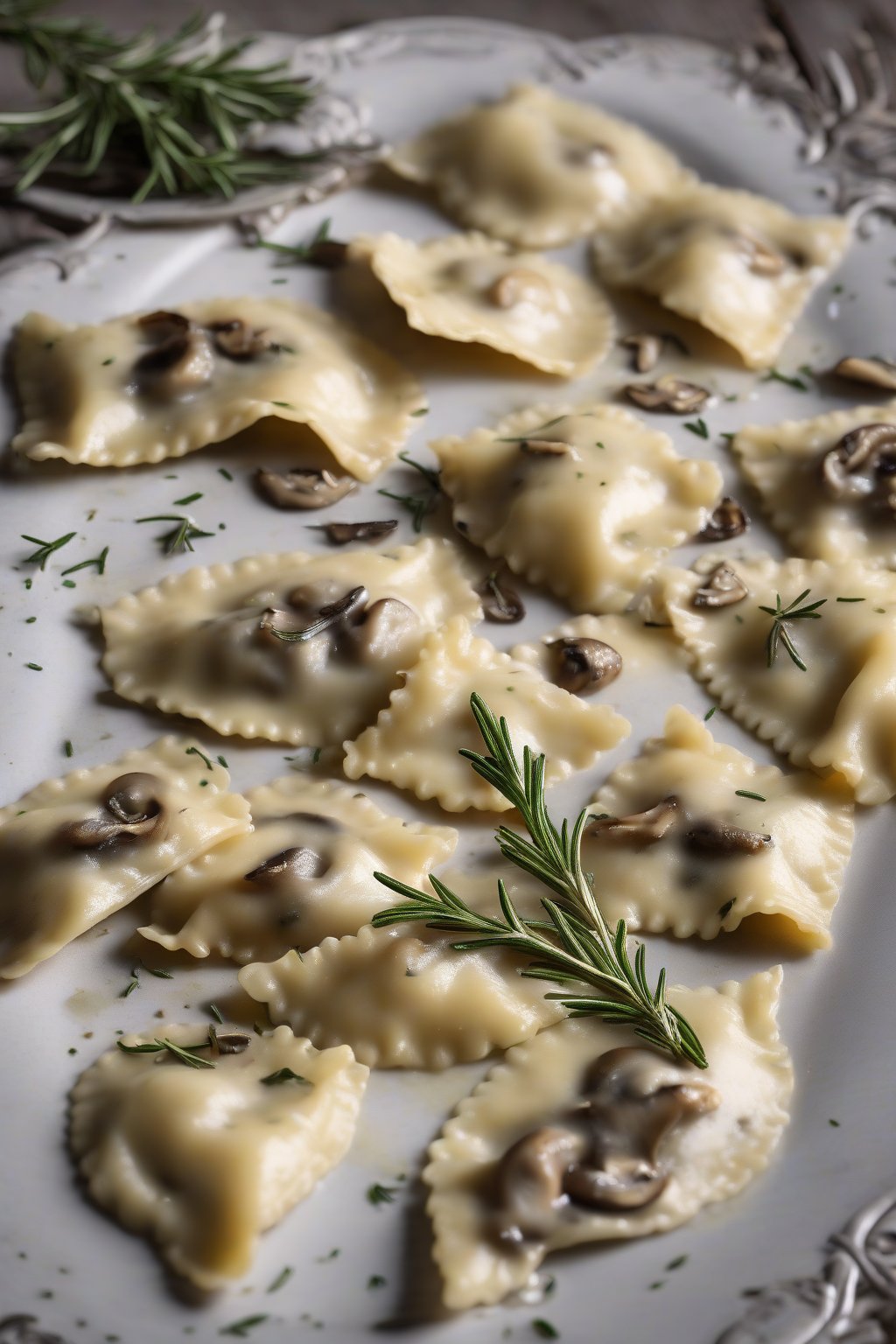 A high-resolution photo of wild mushroom and Fontina ravioli scattered with rosemary under soft lighting.