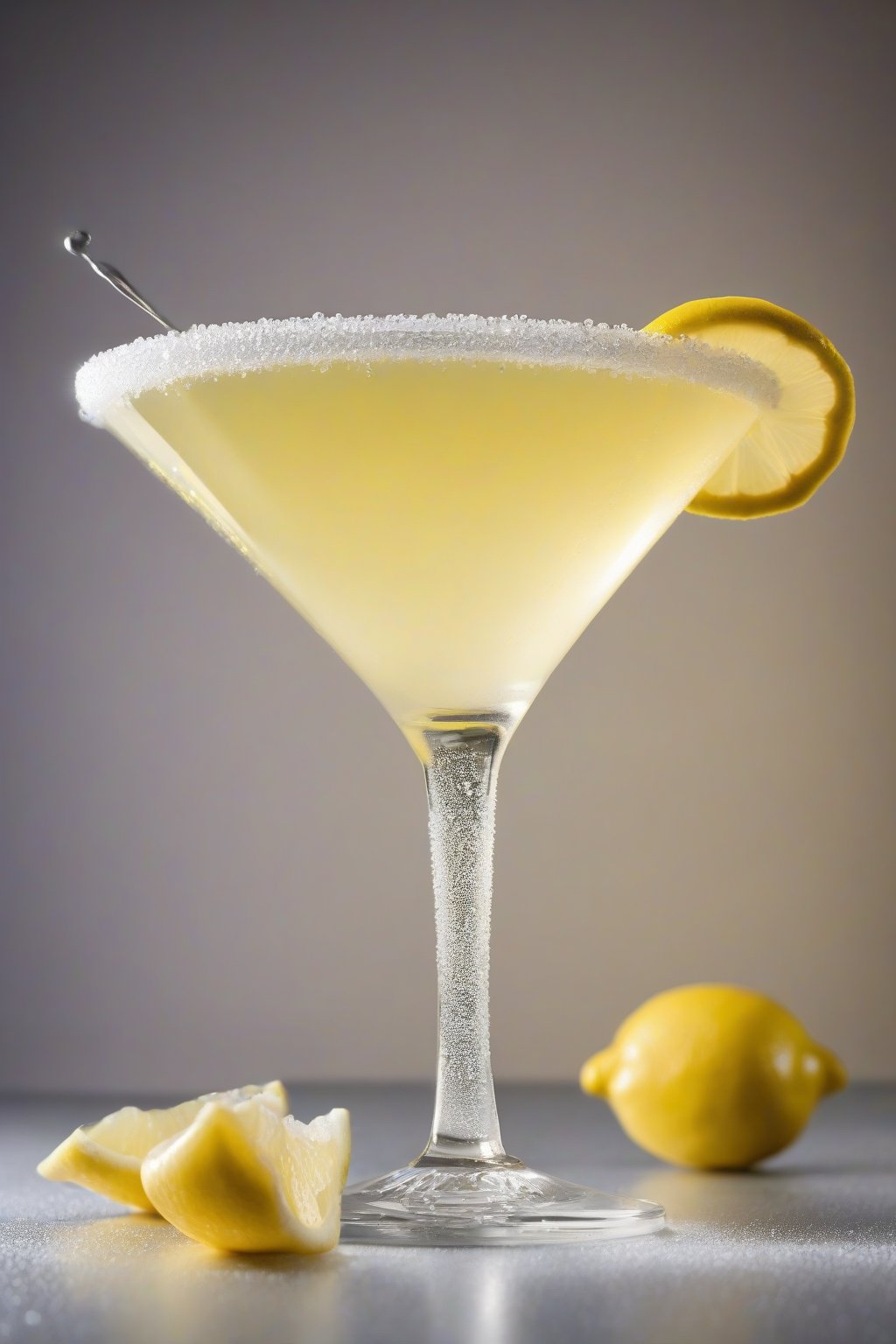 A high-resolution photo of a classic sugary lemon drop martini in a chilled glass with a sparkling sugar rim and lemon twist garnish, under soft lighting.