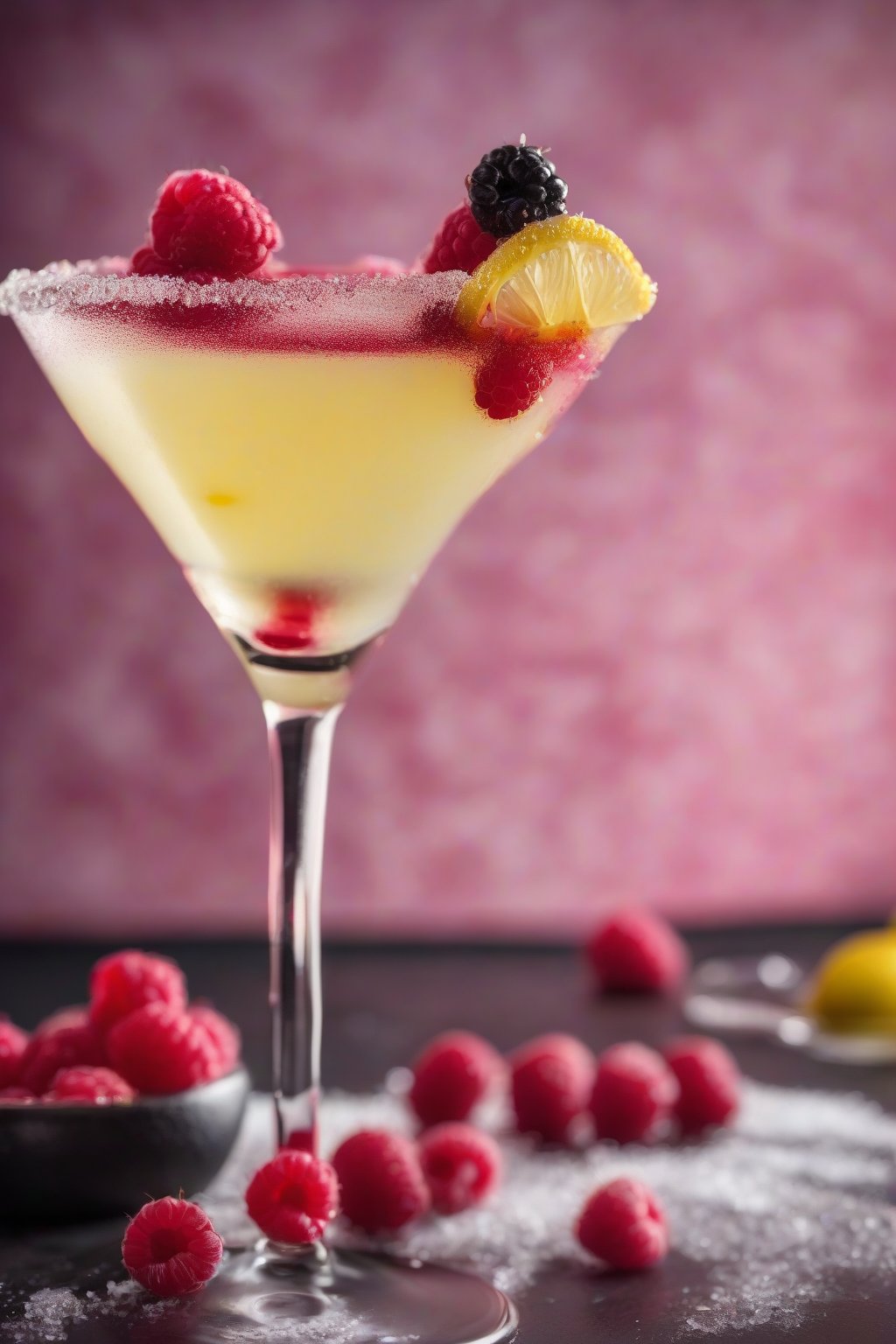 A high-resolution photo of a raspberry infused sugary lemon drop martini garnished with fresh berries and a sugar rim, under soft lighting.