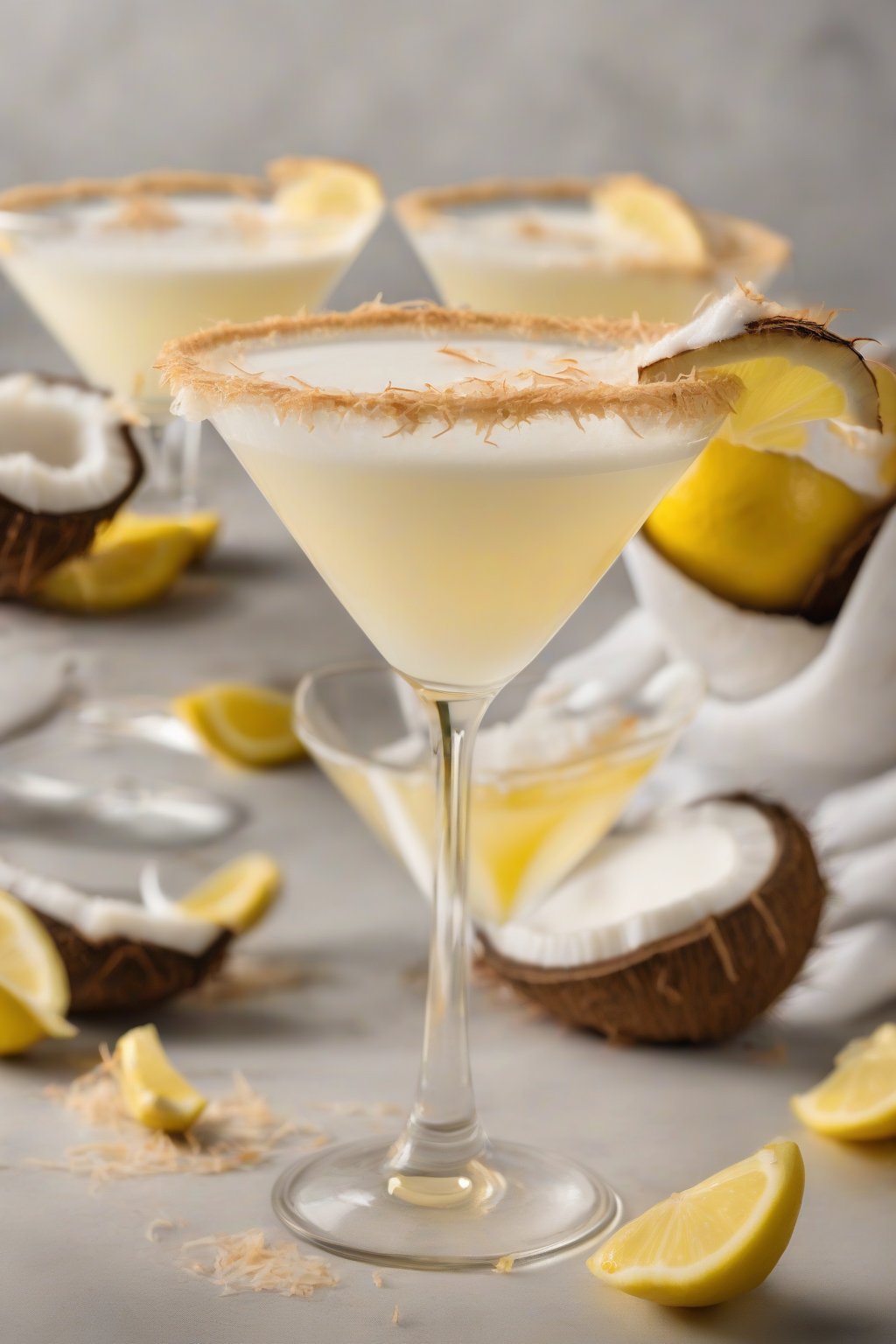 A high-resolution photo of a coconut cream sugary lemon drop martini with toasted coconut rim and creamy yellow hue, under soft lighting.