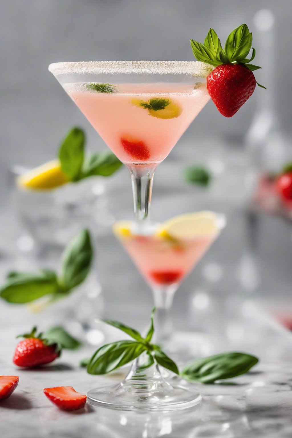A high-resolution photo of a strawberry basil sugary lemon drop martini topped with a strawberry slice and basil leaf, under soft lighting.