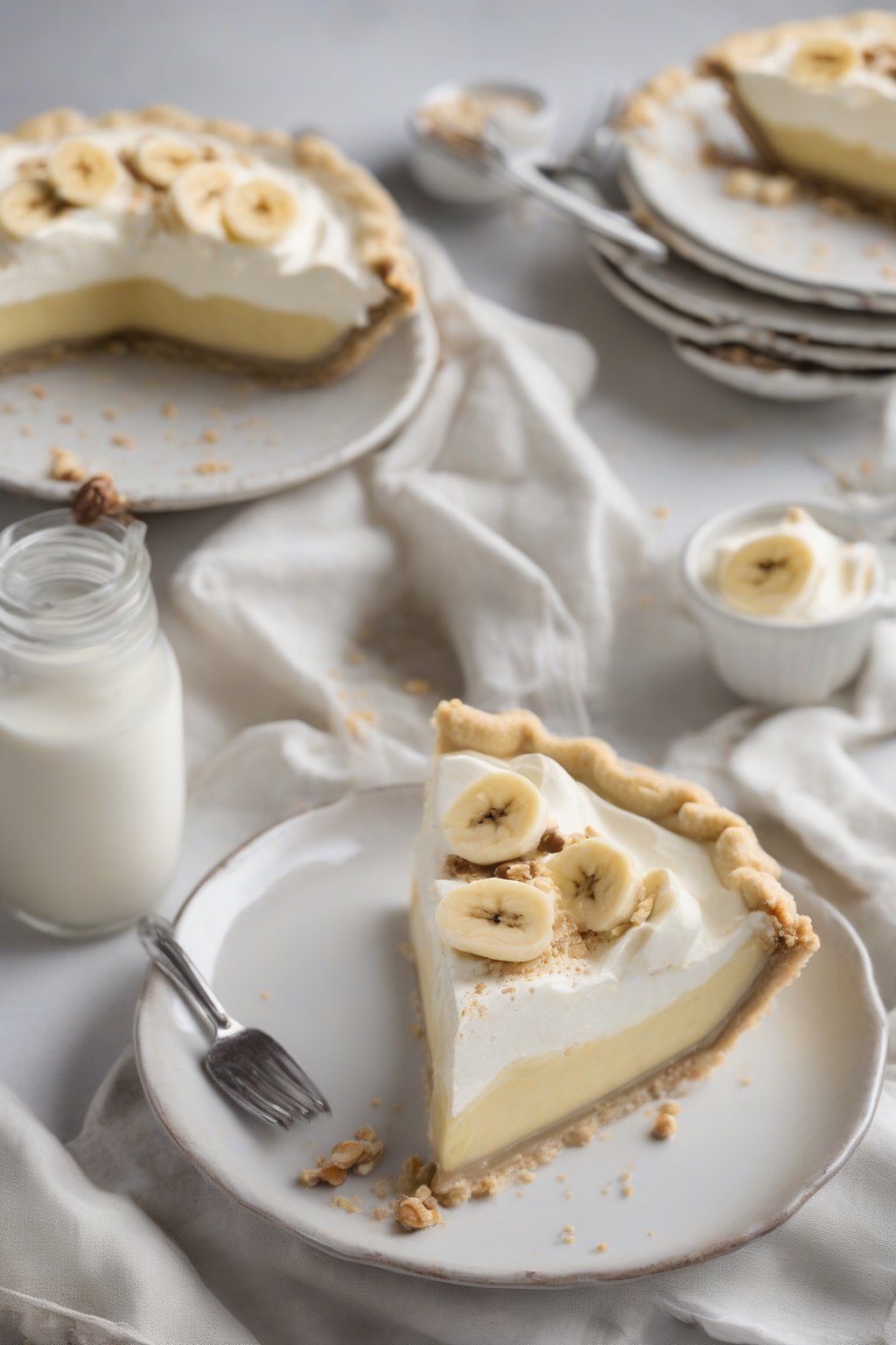 A high-resolution photo of a gluten-free banana cream pie slice showing nutty crust texture, under soft lighting.