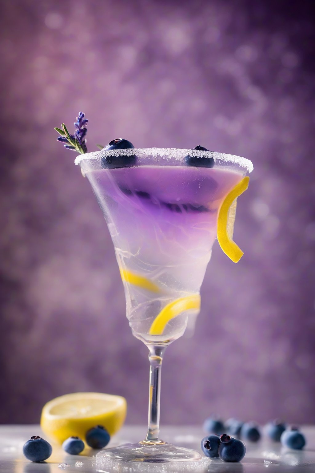 A high-resolution photo of a blueberry lavender sugary lemon drop martini with purple-blue swirls and sugar rim, under soft lighting.