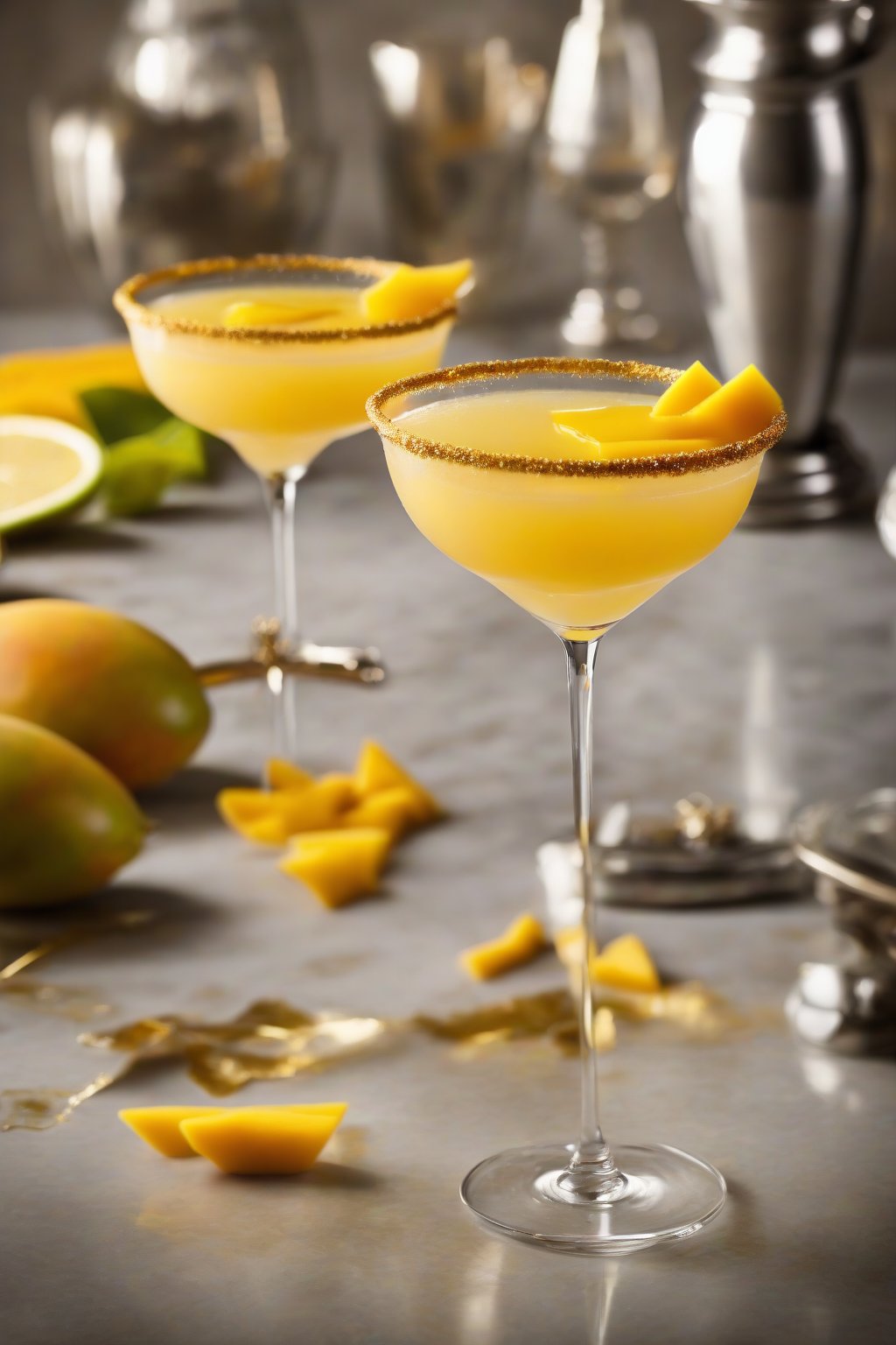 A high-resolution photo of a mango ginger sugary lemon drop martini with fresh mango garnish and golden rim, under soft lighting.