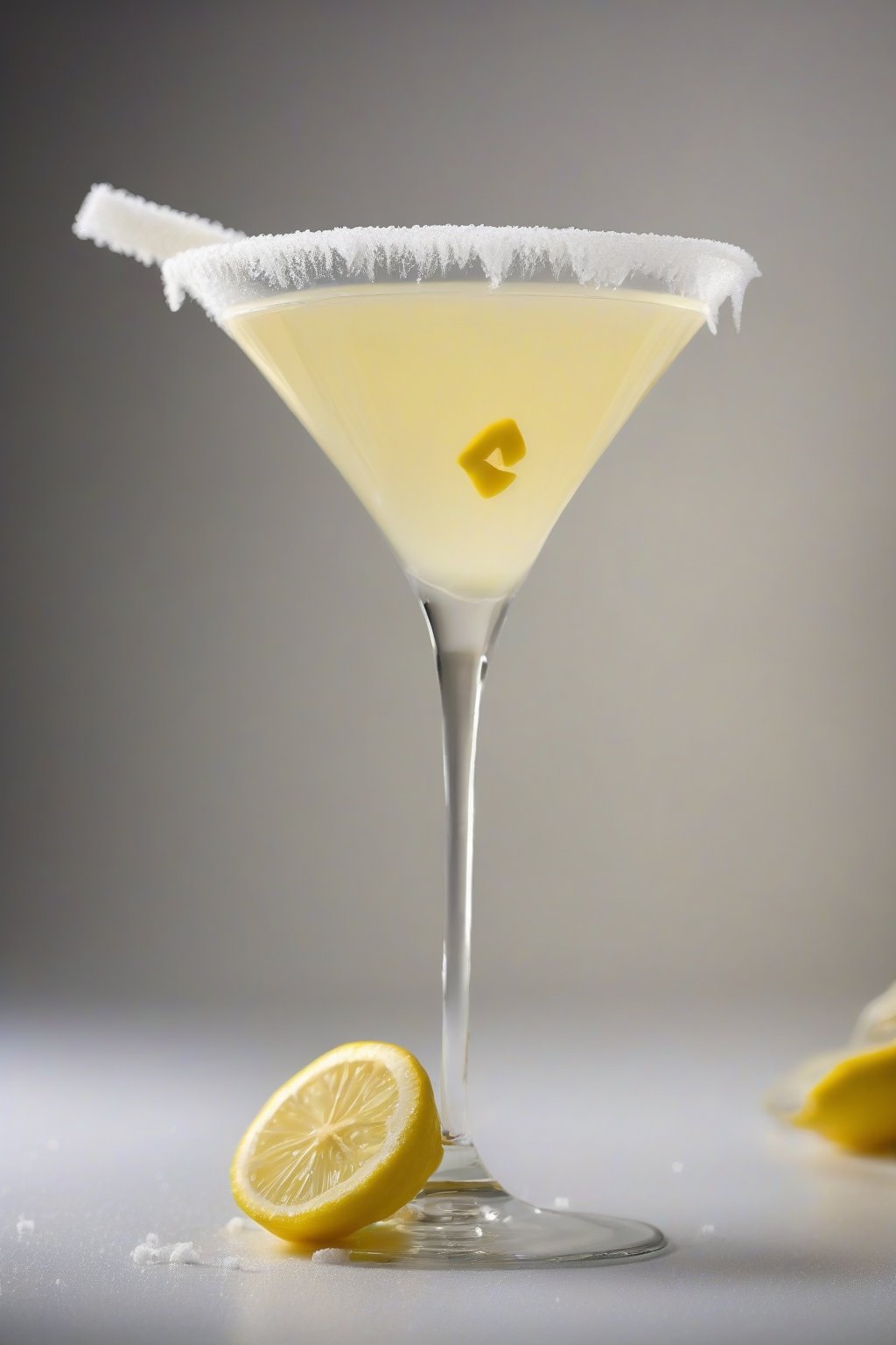 A high-resolution photo of a vanilla bean sugary lemon drop martini with vanilla pod garnish and fluffy sugar rim, under soft lighting.