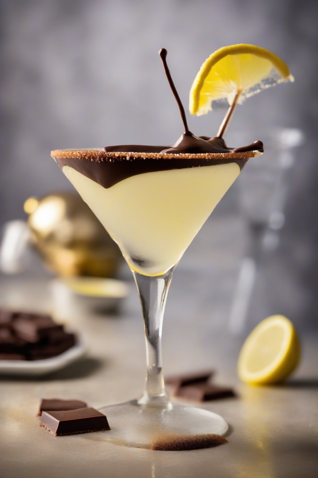 A high-resolution photo of a chocolate-dipped sugary lemon drop martini with glistening chocolate-sugar rim, under soft lighting.
