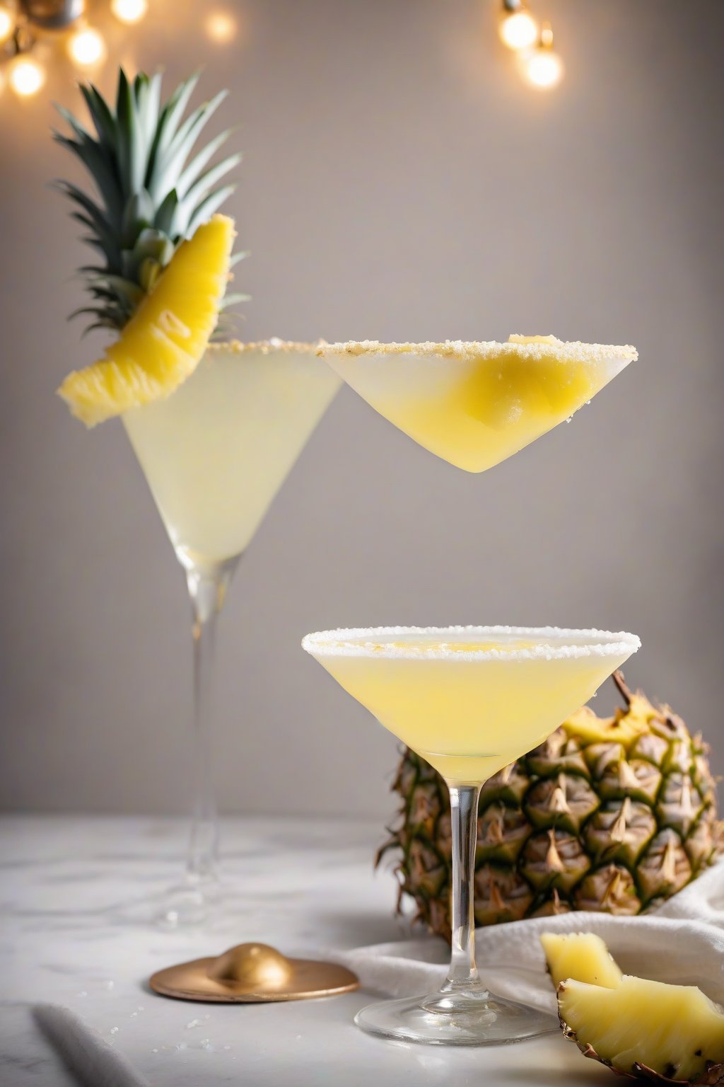 A high-resolution photo of a pineapple coconut sugary lemon drop martini garnished with pineapple wedge, under soft lighting.