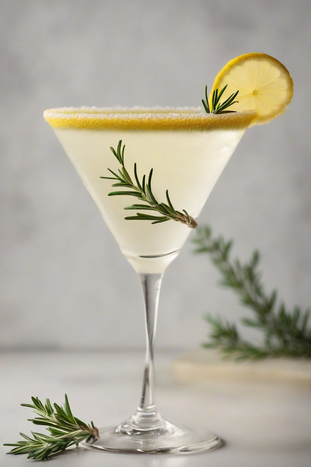 A high-resolution photo of a rosemary citrus sugary lemon drop martini with rosemary sprig and herb-flecked rim, under soft lighting.