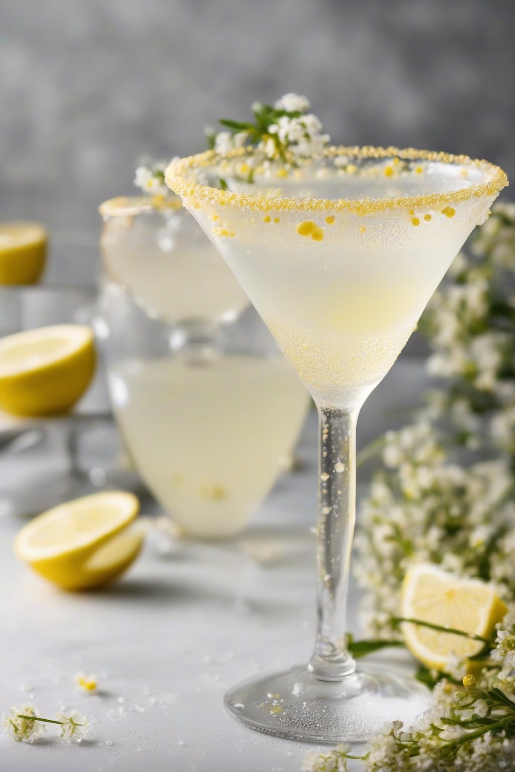 A high-resolution photo of a sparkling elderflower sugary lemon drop martini with bubbles and floral rim, under soft lighting.