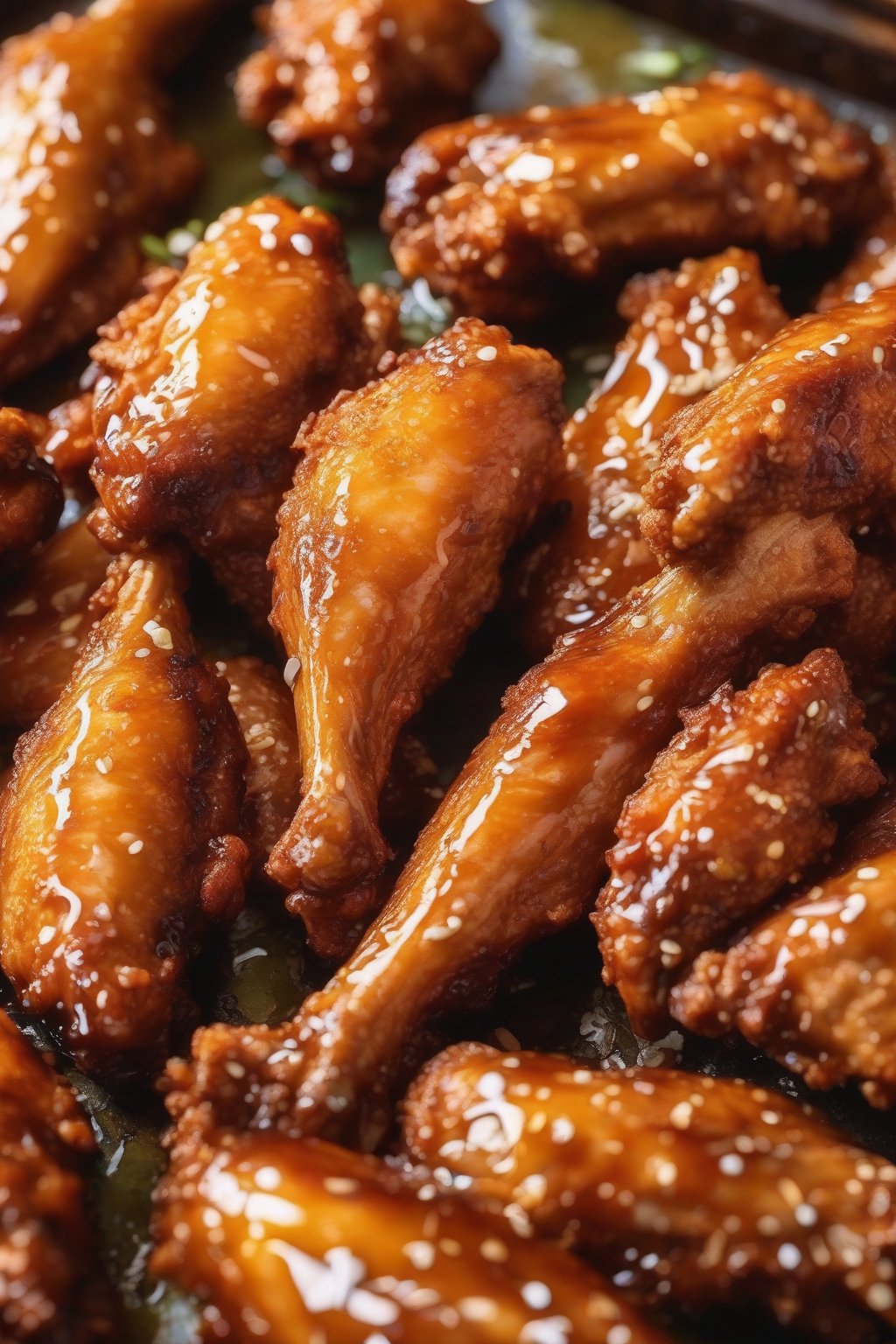 A close-up photo of golden fried chicken wings glazed with glistening hot honey under soft lighting.