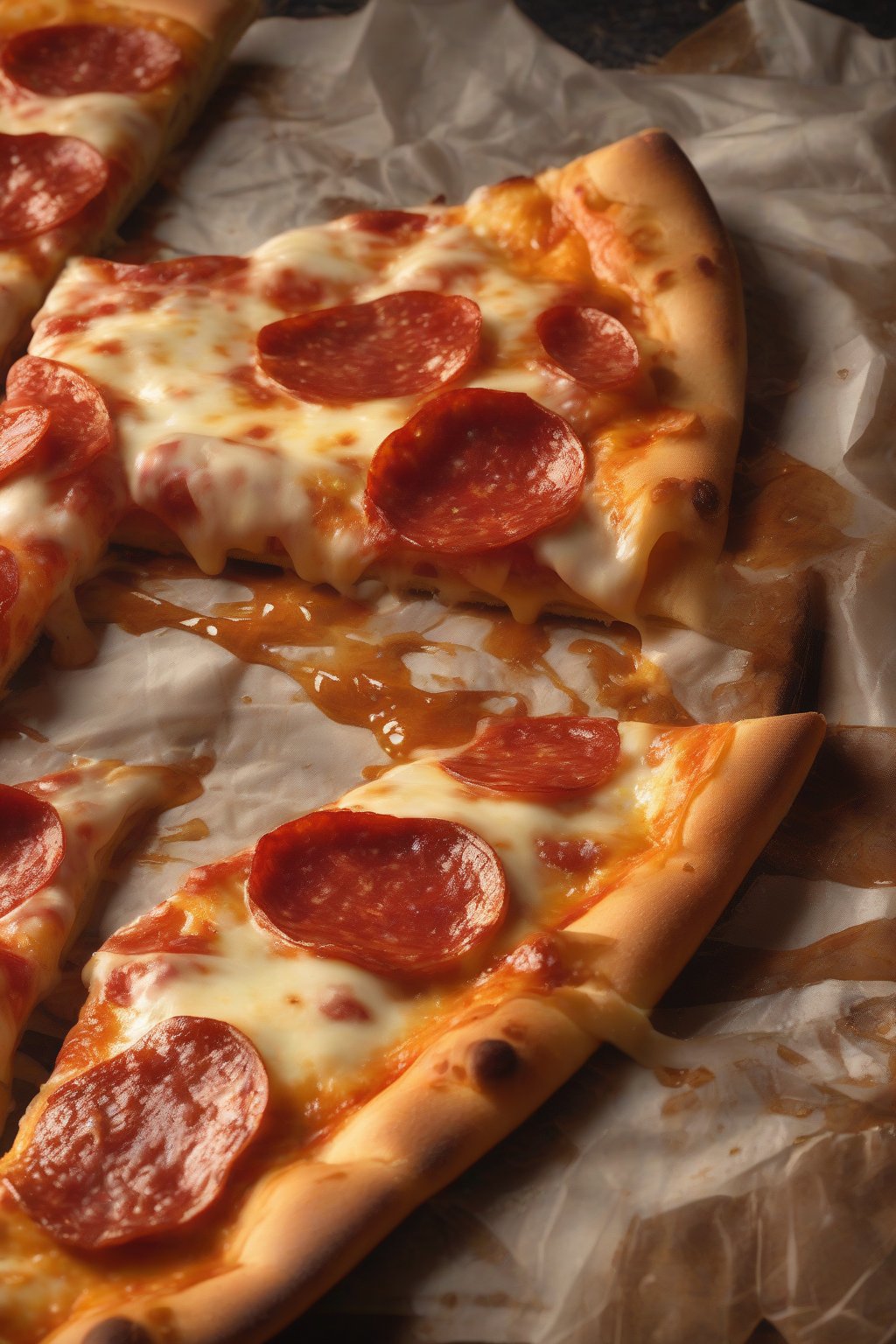 A close-up photo of a cheesy pepperoni pizza drizzled with shiny hot honey under soft lighting.