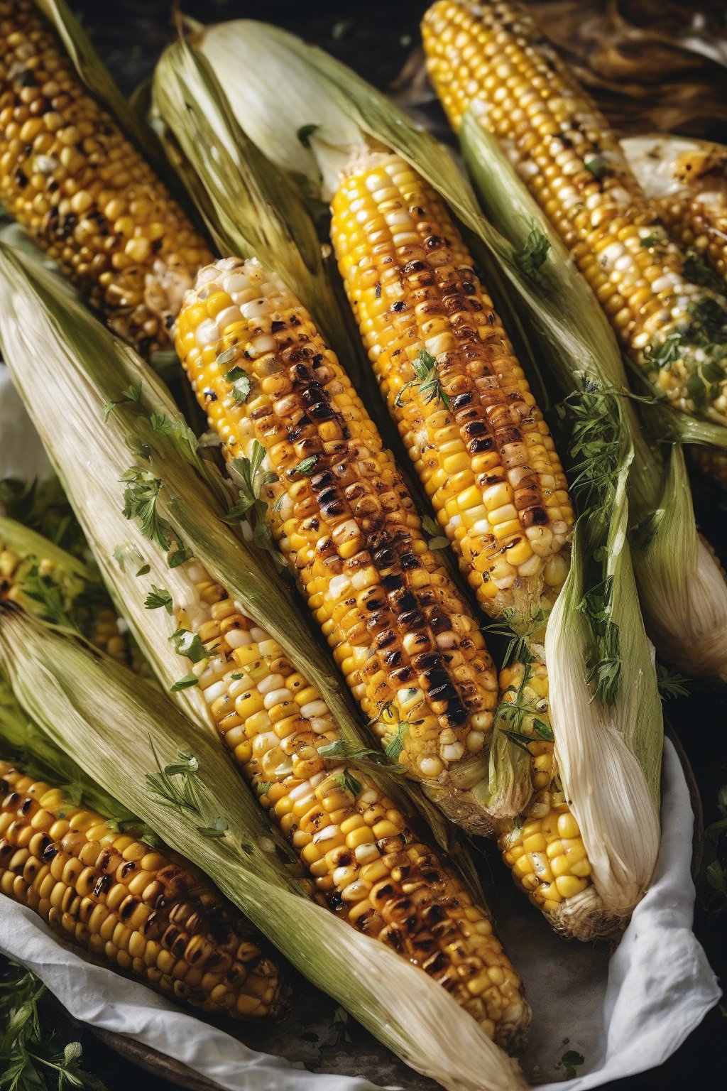 A close-up photo of grilled corn on the cob slicked with hot honey and herbs under soft lighting.