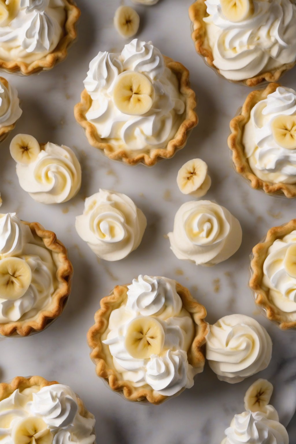 A high-resolution photo of mini banana cream pies on a platter with whipped cream rosettes, under soft lighting.