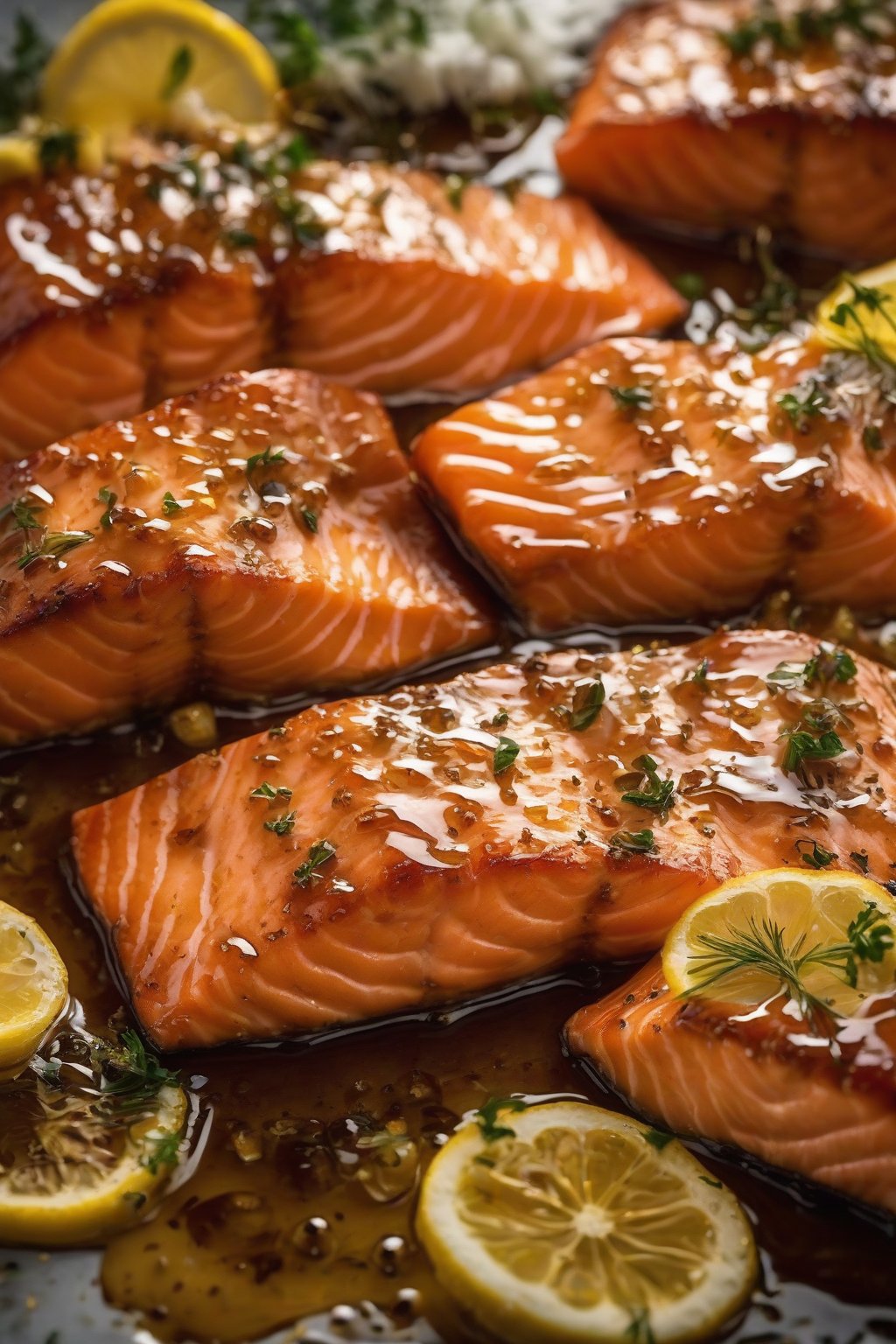 A close-up photo of flaky salmon fillets shining with hot honey glaze under soft lighting.