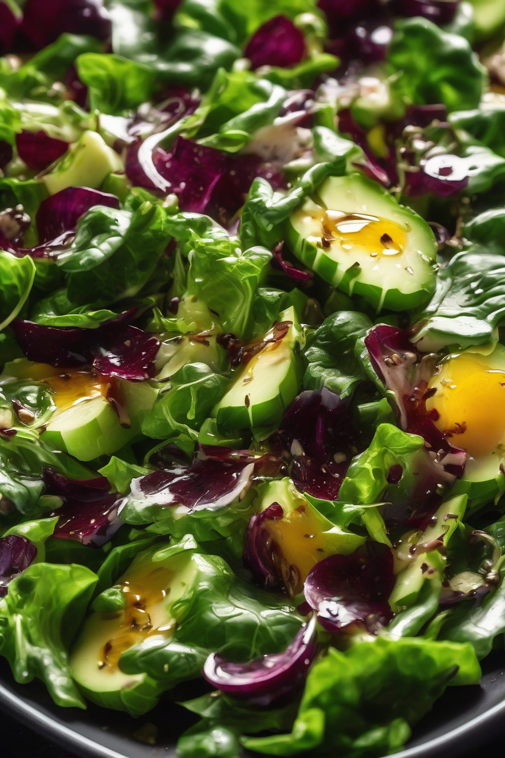 A close-up photo of vibrant green salad tossed in glossy hot honey vinaigrette under soft lighting.