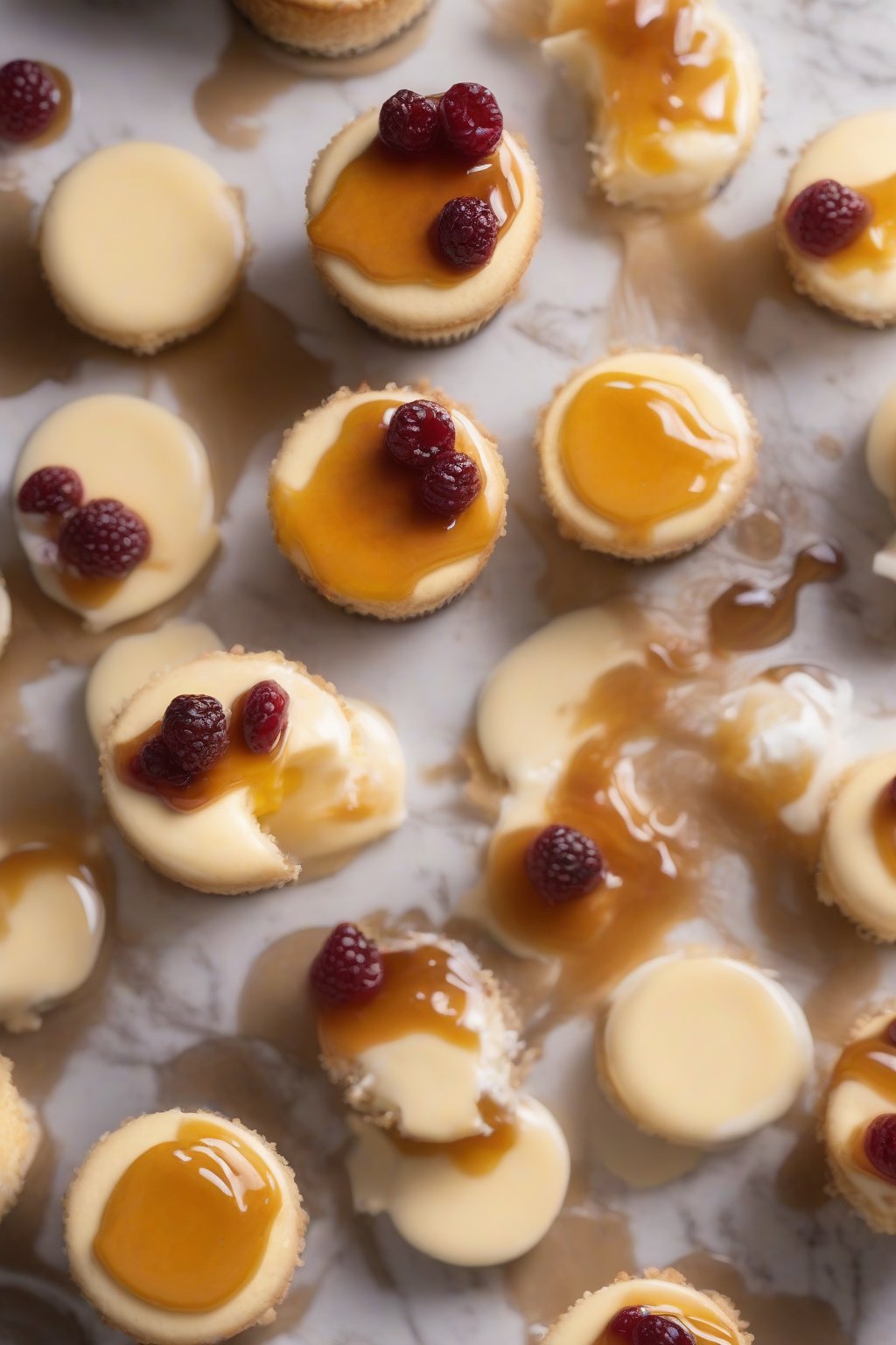 A close-up photo of mini cheesecakes topped with swirling hot honey under soft lighting.