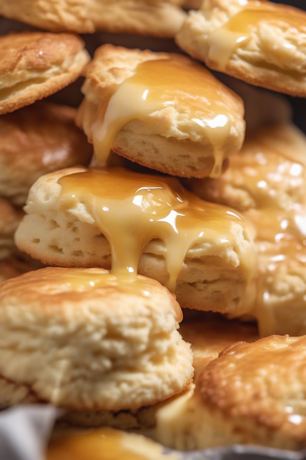 A close-up photo of fluffy biscuits dripping with hot honey butter under soft lighting.