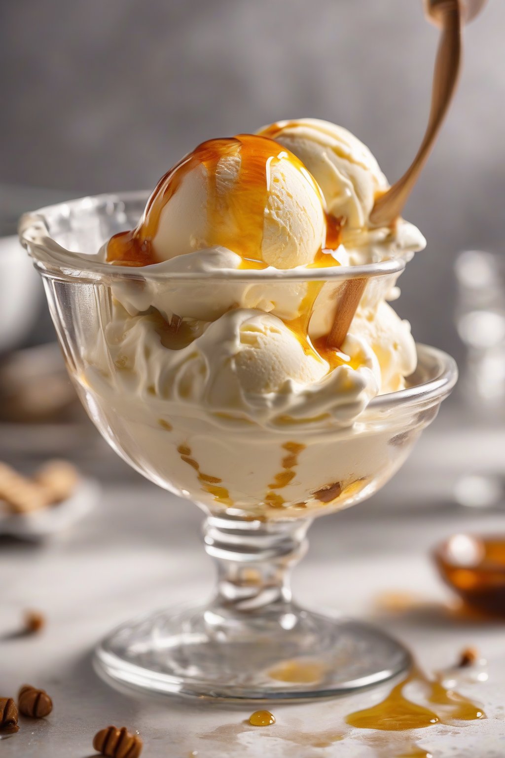 A close-up photo of vanilla ice cream sundae with rivers of hot honey under soft lighting.