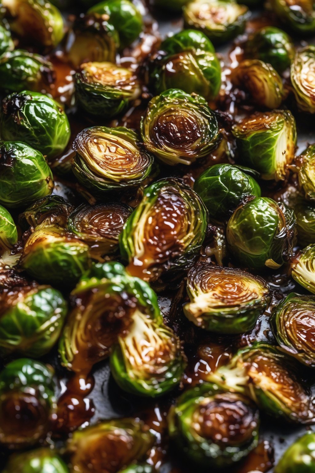 A close-up photo of crispy roasted Brussels sprouts coated in hot honey under soft lighting.