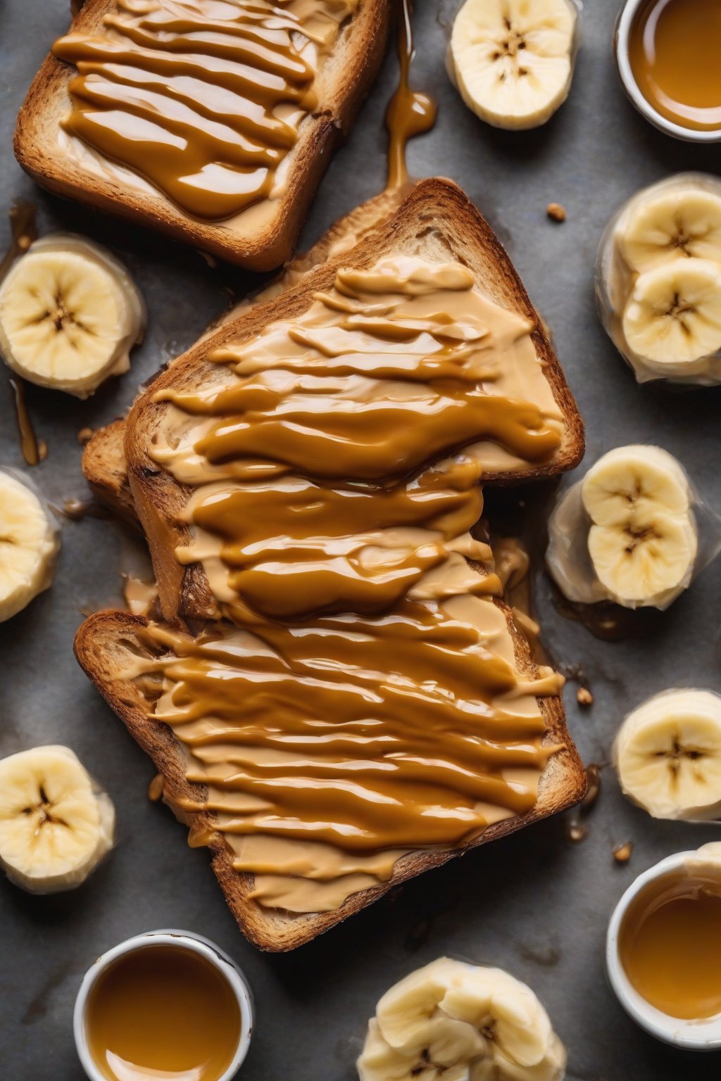 A close-up photo of peanut butter toast layered with banana and hot honey drizzle under soft lighting.