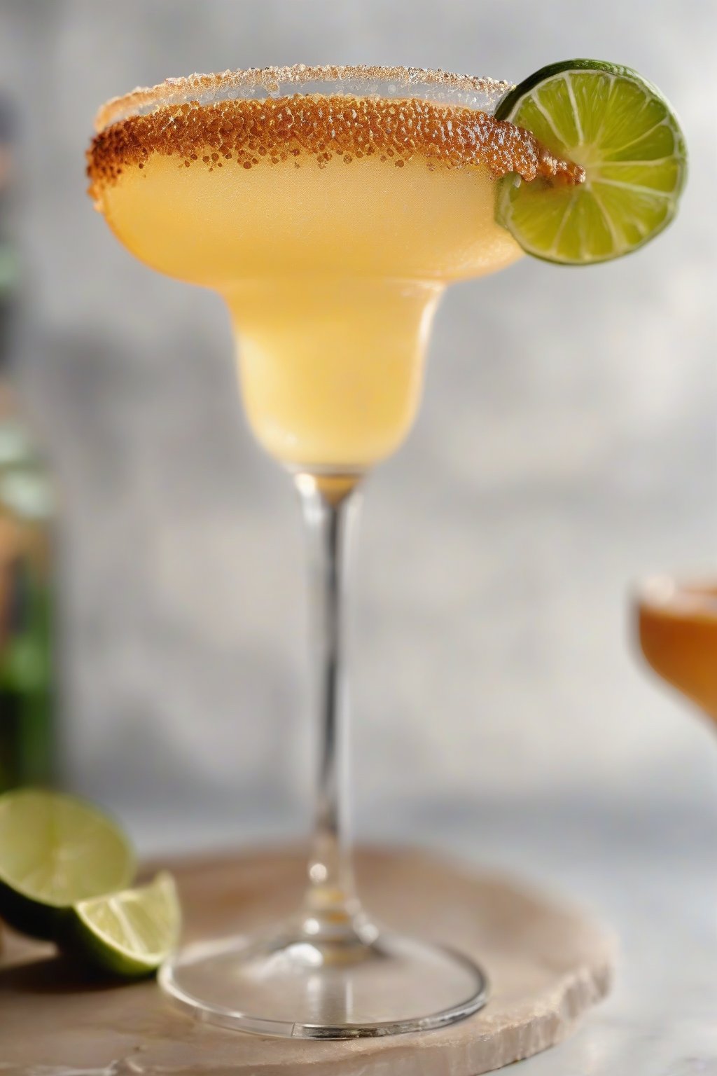 A close-up photo of a hot honey margarita with a glistening spicy rim under soft lighting.