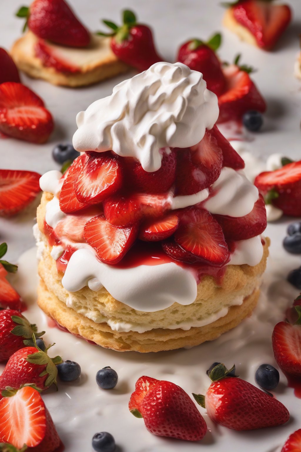 A high-resolution photo of a classic strawberry shortcake layered with macerated strawberries and fluffy whipped cream on a split biscuit, drizzled with berry juice, under soft lighting.