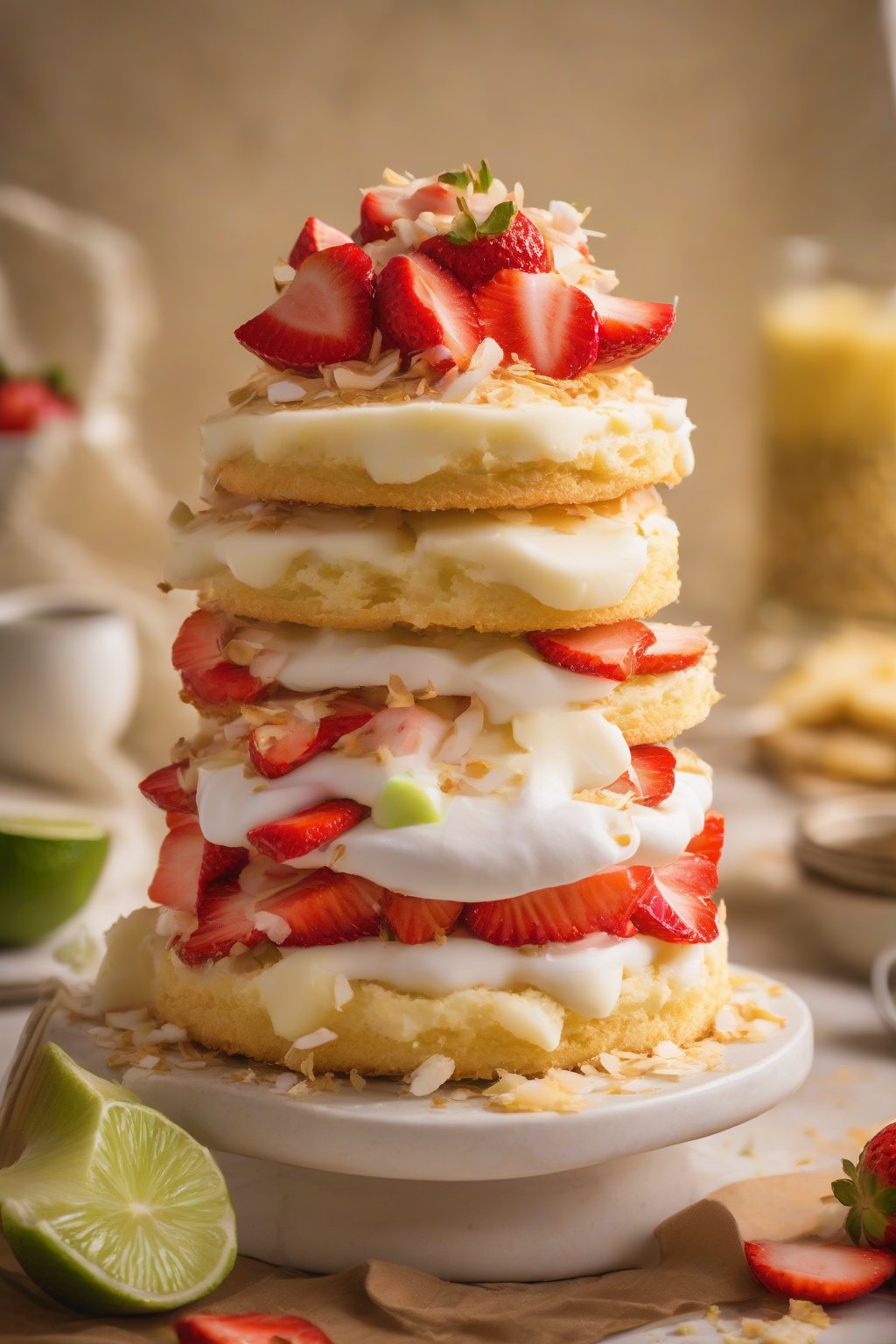 A high-resolution photo of tropical strawberry shortcake stacked with pineapple chunks, toasted coconut, and lime-zested cream on a golden shortcake base, under soft lighting.