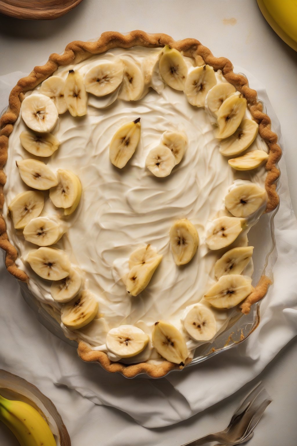 A high-resolution photo of rum banana cream pie with caramelized banana garnish, under soft lighting.
