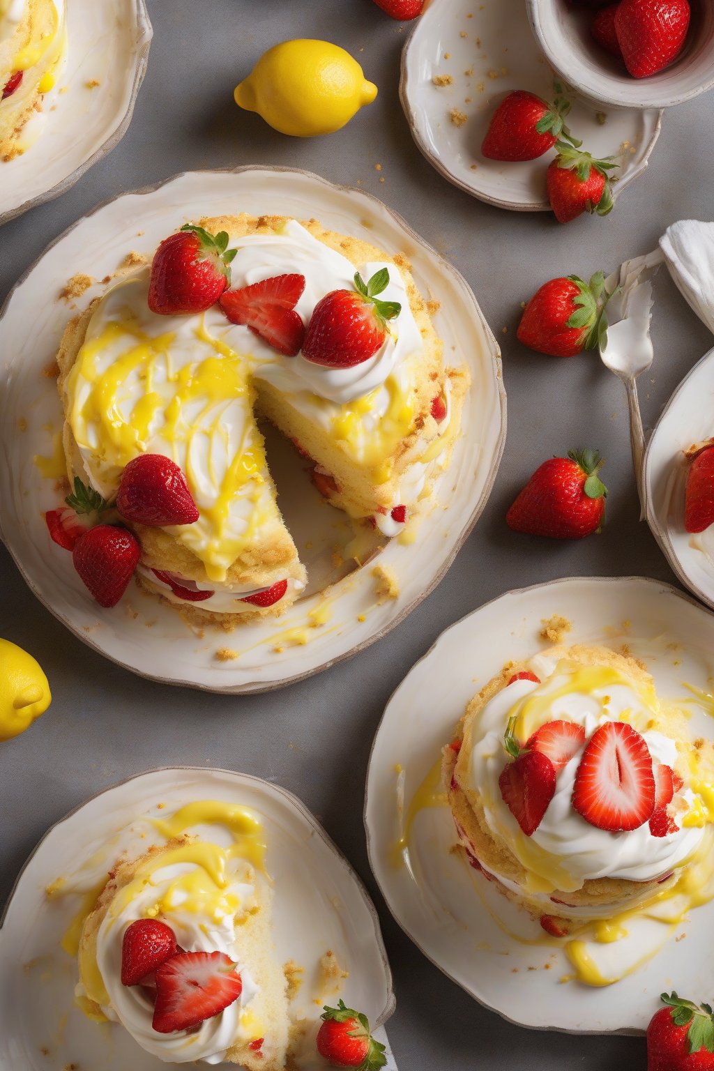 A high-resolution photo of lemon zest strawberry shortcake with bright yellow curd swirls, glossy strawberries, and biscuit crumbs, under soft lighting.