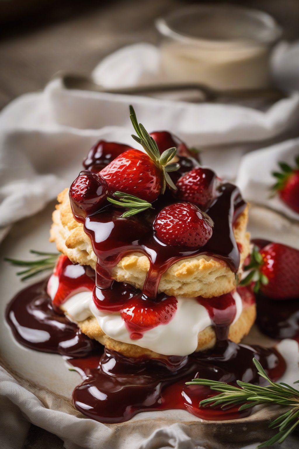 A high-resolution photo of balsamic-glazed strawberry shortcake with shiny berry glaze, rosemary sprigs, and cream dollops on a rustic biscuit, under soft lighting.