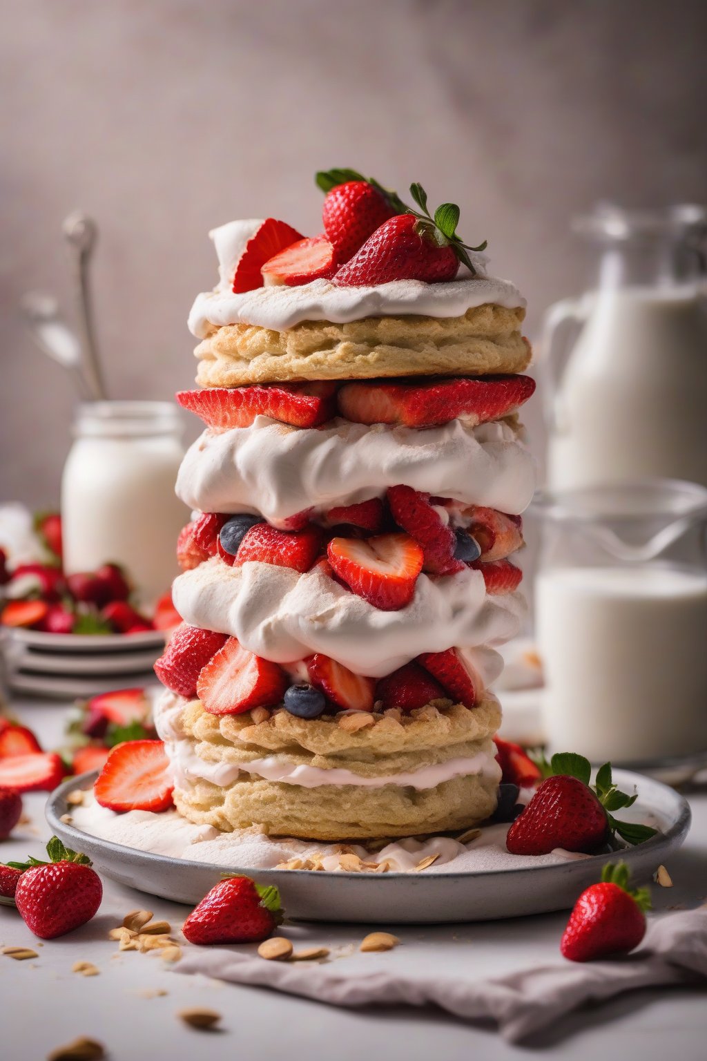 A high-resolution photo of vegan strawberry shortcake piled with aquafaba fluff, macerated berries, and almond milk biscuit layers, under soft lighting.