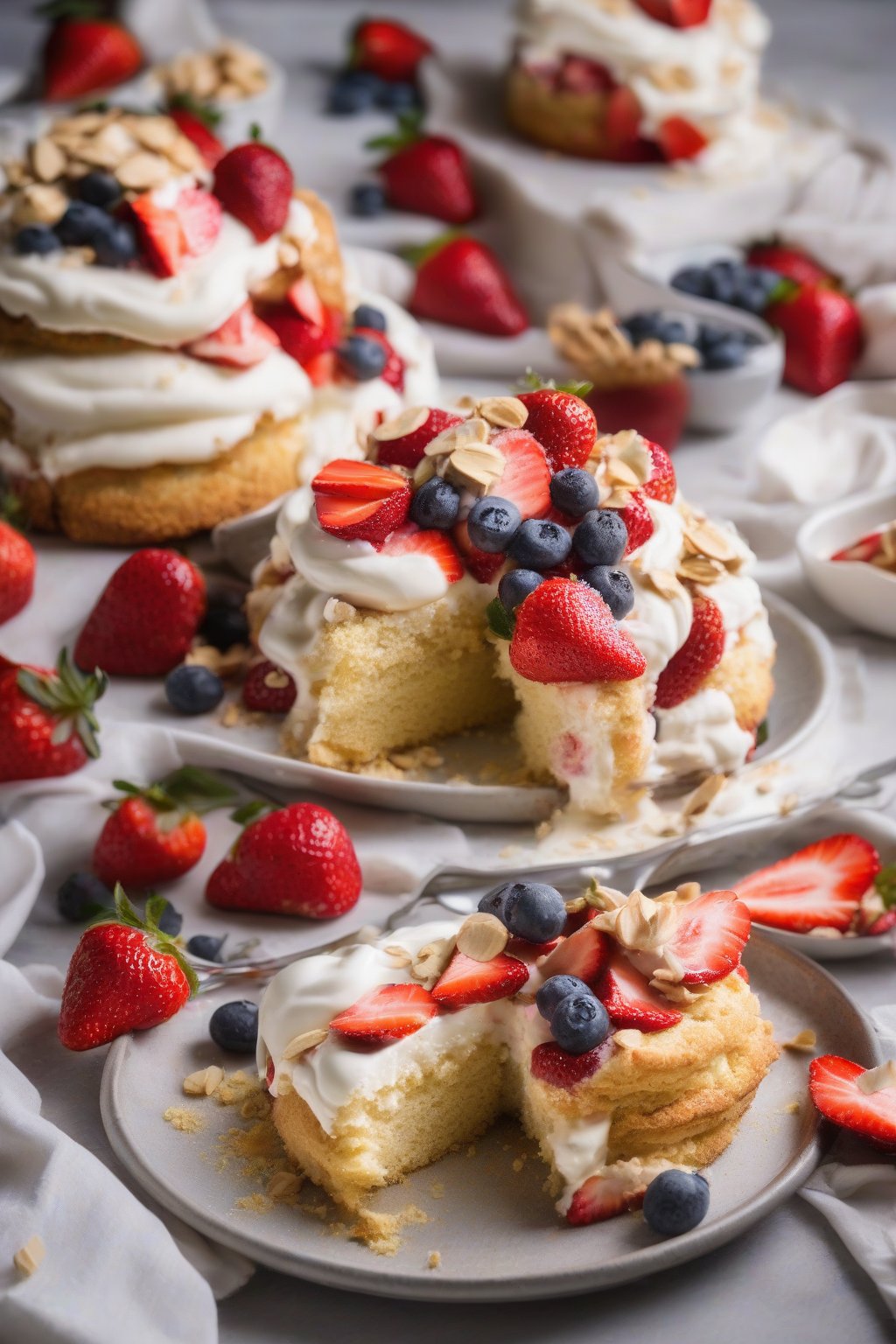 A high-resolution photo of gluten-free almond flour strawberry shortcake with golden tops, juicy berries spilling over, and cream, under soft lighting.