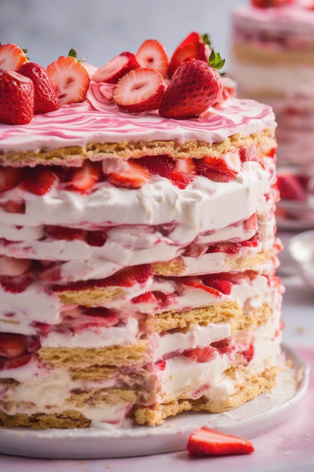A high-resolution photo of sliced strawberry shortcake icebox cake revealing graham layers, pink berry swirls, and cream, under soft lighting.