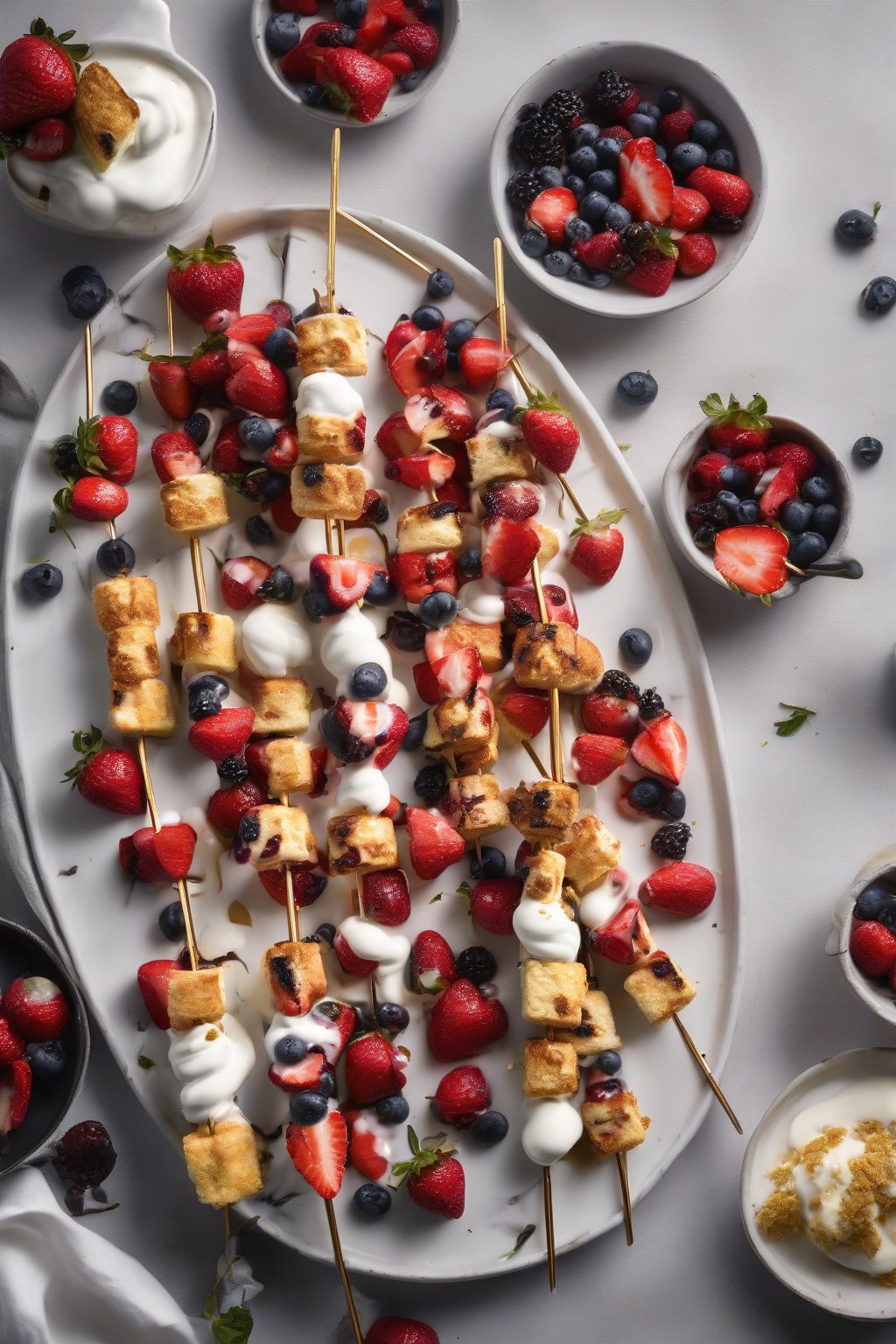 A high-resolution photo of grilled strawberry shortcake skewers with charred berries, golden cake bites, and yogurt drizzle on a platter, under soft lighting.