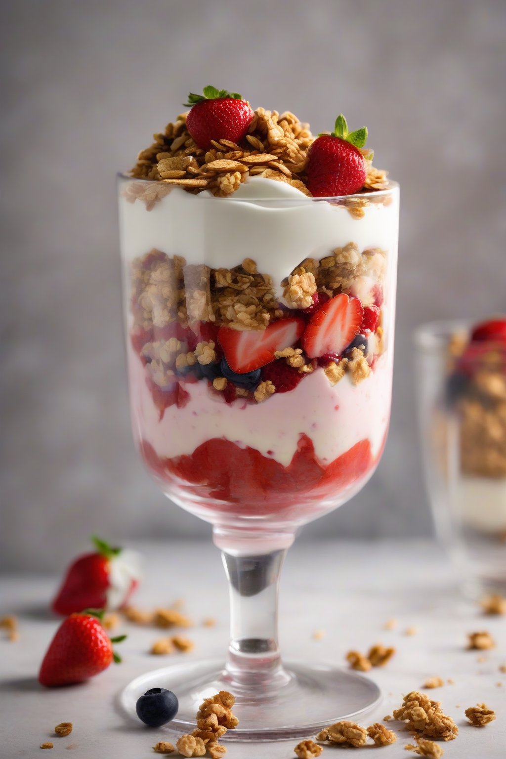A high-resolution photo of strawberry shortcake parfait in a tall glass with visible layers of crumble, yogurt, berries, and granola crunch, under soft lighting.