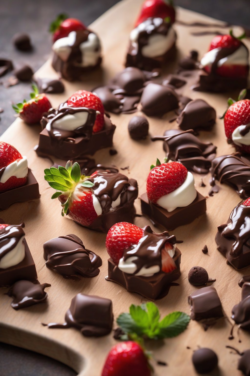 A high-resolution photo of chocolate-dipped strawberry shortcake bites with melted chocolate edges, fresh berry tops, arranged on a board, under soft lighting.