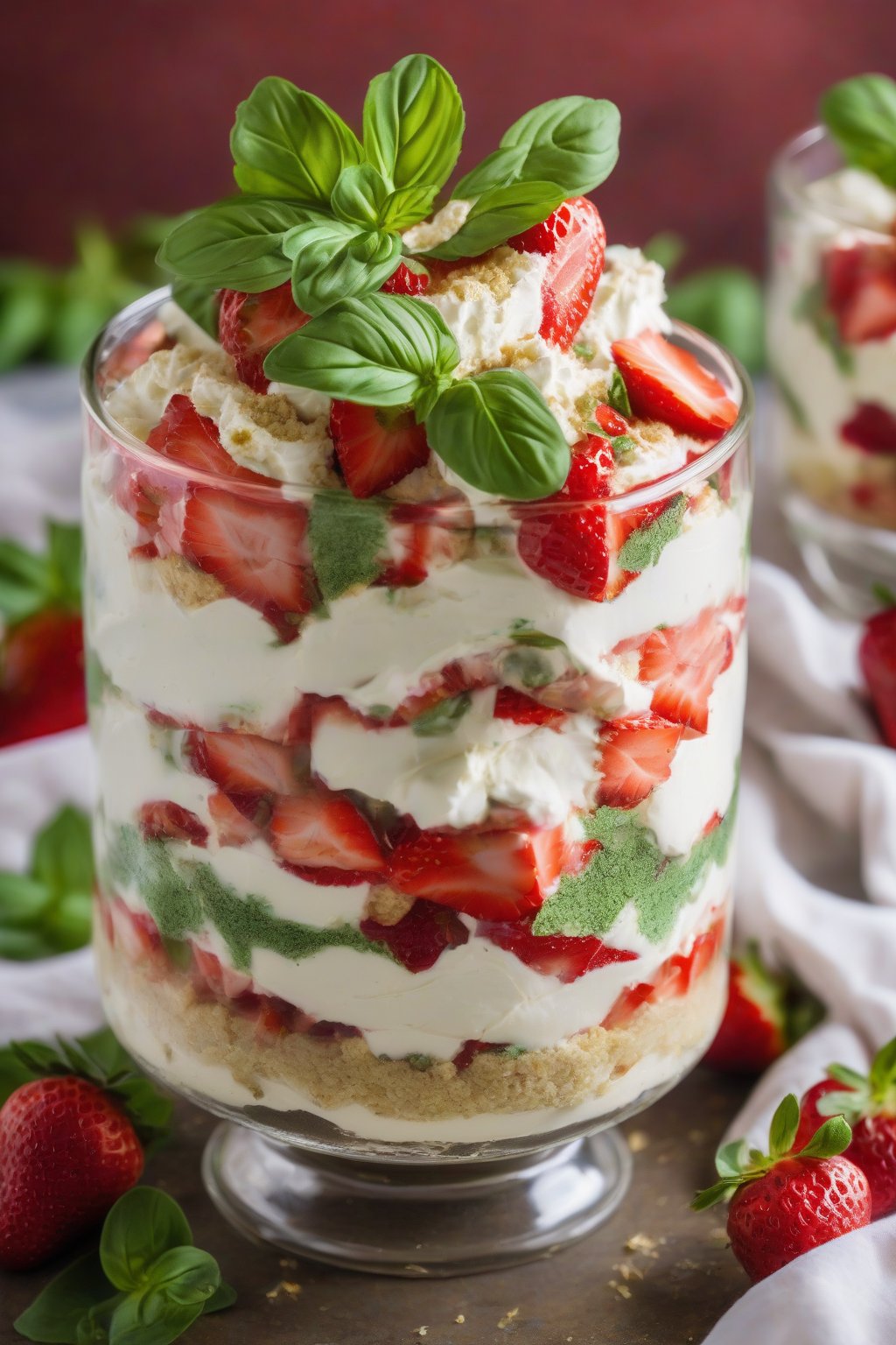 A high-resolution photo of strawberry basil shortcake trifle in a glass bowl showing green basil flecks, creamy layers, and strawberry peaks, under soft lighting.
