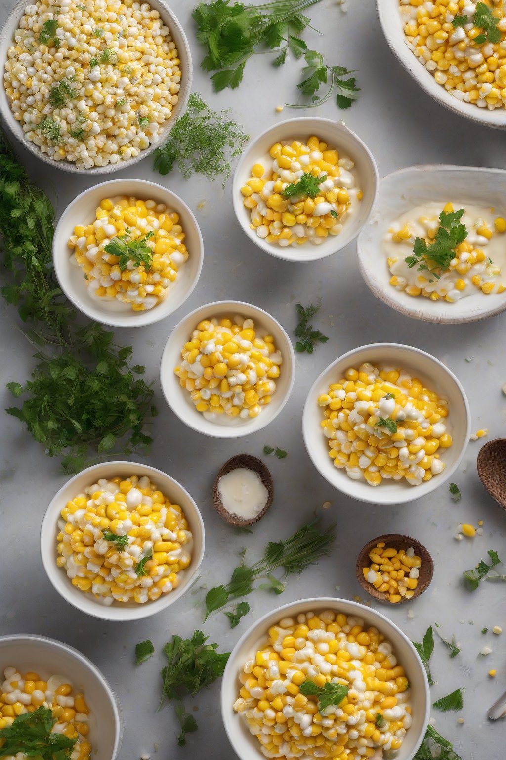A high-resolution photo of classic sweet cream corn in a white bowl, creamy and golden with whole kernels, garnished with fresh herbs under soft lighting.