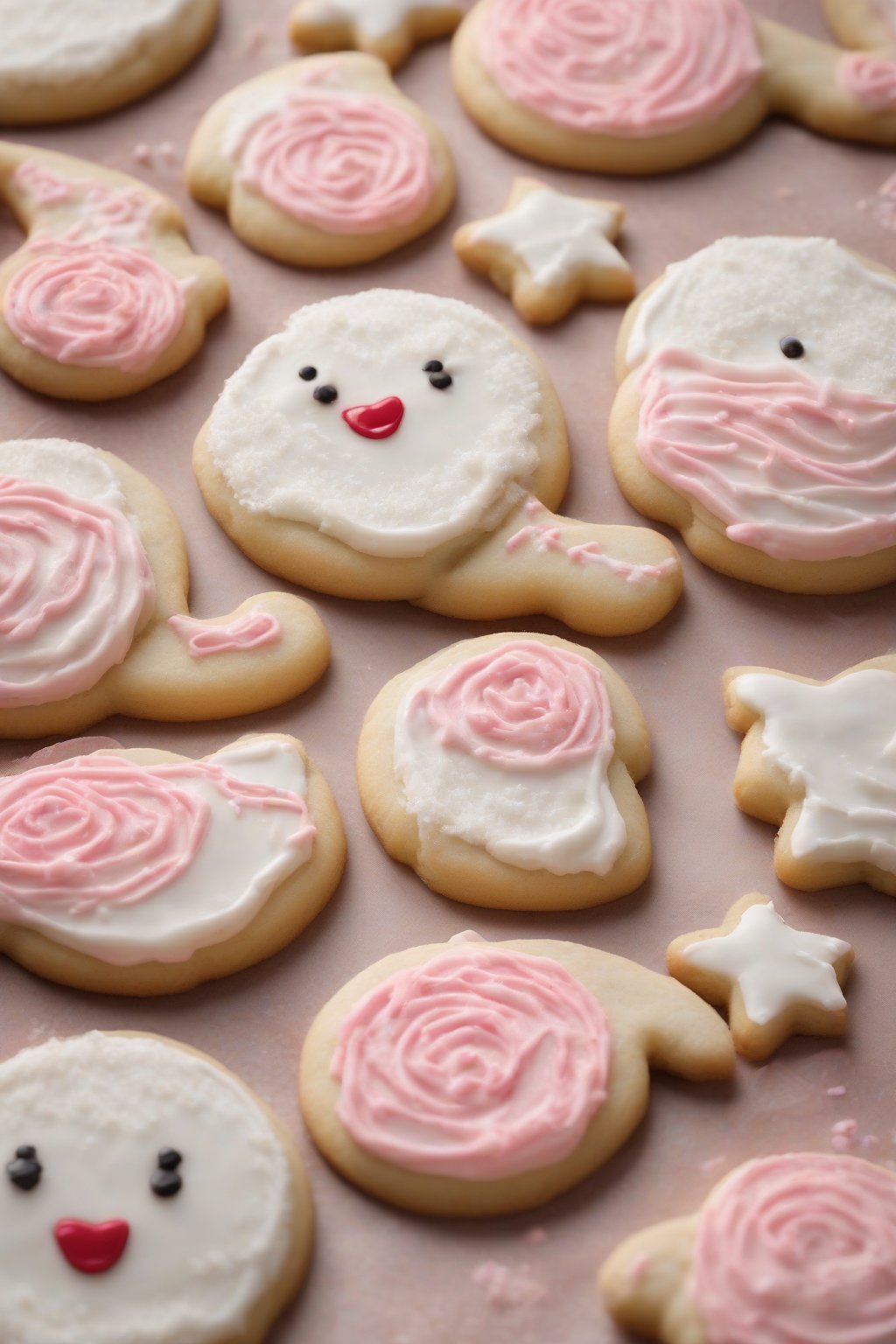 A high-resolution photo of chewy Cinamoroll sugar cookies with iced ears and rosy cheeks under soft lighting.