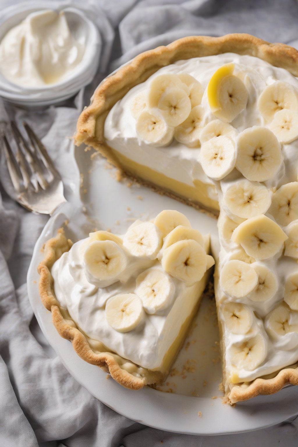 A high-resolution photo of Greek yogurt banana cream pie with fresh banana slices and a light topping, under soft lighting.